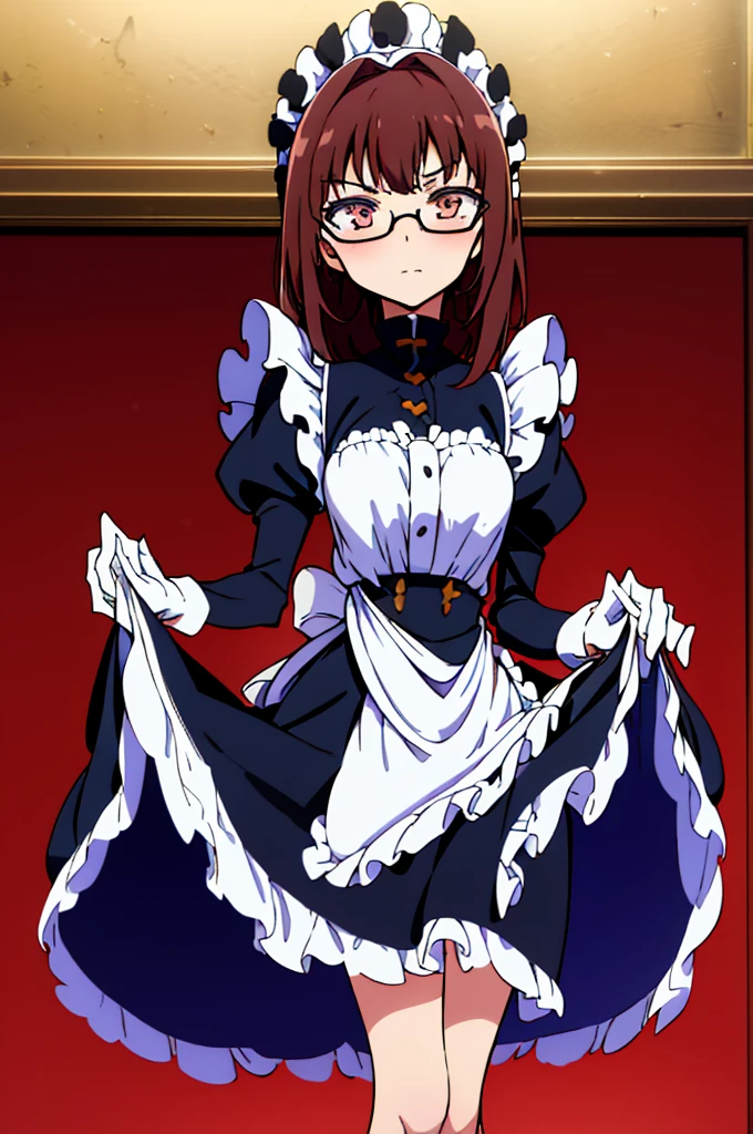 独奏, 1girl, Masterpiece, Best Quality, extremly detailed, Cinematic lighting, intricate detials, hight resolution, official arts, finely detailed beautiful face and eyes, high-resolution illustration, 8K, dark intense shadows, medium breast, long brown hair, copper hair tips, brown eyes, glasses, (swept bangs), maid uniform, dark blue dress, black shirt, puffy sleeves, long sleeves, white gloves, maid headdress, skirt lift, lace-up white panties, angry look, blushing, ((half body))