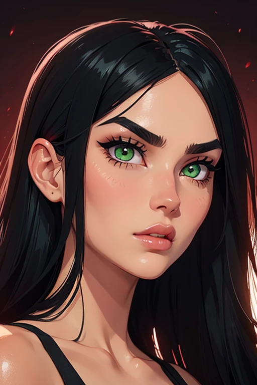 hot girl face , eyelaner , green eyes , ,black shiny long hair, shiny red blush, arch black long eyebrows , only face , perfect jawline