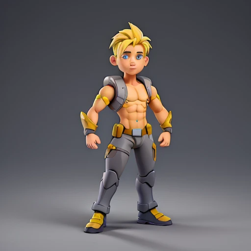 cartoon boy with yellow hair gray pants, sem camisa, magro, no estilo mecha, corpo inteiro, like an armored titan, usando colete branco, com pose de ataque.