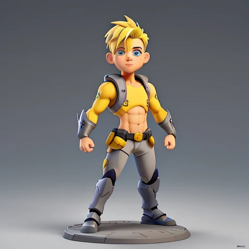 cartoon boy with yellow hair gray pants, sem camisa, magro, no estilo mecha, corpo inteiro, like an armored titan, usando colete branco, com pose de ataque.
