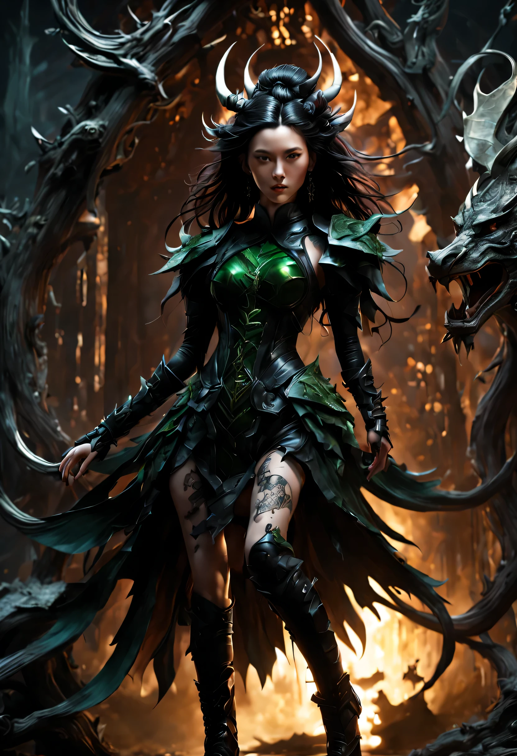 01_Green wooden dragon. Chinese style. Sculpture. A wooden sculpture, next to a cool girl in a leather corset, long dark hair, high black leather jackboots, black gloves on her hands, and metal spikes on her shoulders. Rock star, super beauty against the background of a sculpture made of wood, a green dragon - in the Chinese style., 02_ Highly detailed textures, the highest quality (Girl with white skin, in black boots with spikes and a corset (cool-sexy). Side lighting, warm light, cold shadows. Chiaroscuro, contrasting shapes, volume, and depth of the image. Slight blur in the background Dust squeaks underfoot, an old wooden sculpture, and soft lighting., 03_Highest quality, cinematic rendering. The epic setting, Chinese-style sculpture, and one character - a girl. Contrast lighting, warm light, soft - deep cold shadows. Ocher, seppia, cold lateral reflex. (Dark leather, metal, and several colors decorate the composition). The highest 3D rendering, cinema, animation, masterpiece. Unrea, black hair, french braid, crossed bangs, long hair, ponytail, smile, open mouth, Surrealism, Color Field painting, chiaroscuro, depth of field, cinematic lighting, drop shadow, UHD, retina, masterpiece, anatomically correct, textured skin, super detail, high details, high quality, award winning, highres, 16k