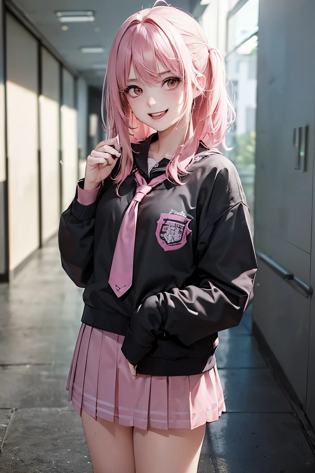 (1Girl, 18yo, ((messy pink hair)), she is a evil, bully and crazy character, she are smiling, pink slutry eyes, (wearing ((black and blue)) colegial japonese clothes)), ((school hallway background))