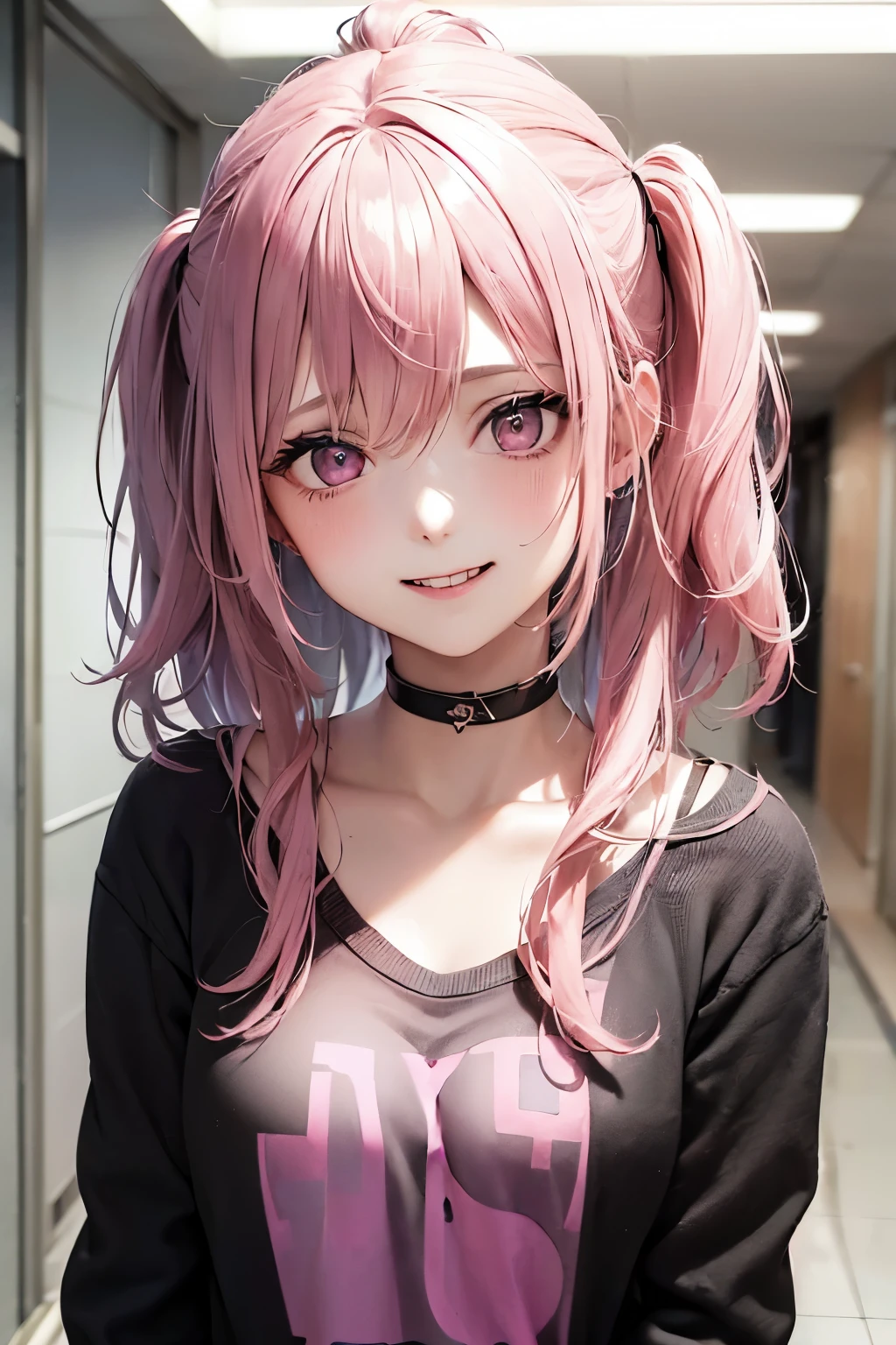 (1Girl, 18yo, ((messy pink hair)), she is a evil, bully and crazy character, she are smiling, pink slutry eyes, (wearing ((black and blue)) colegial japonese clothes)), ((school hallway background))