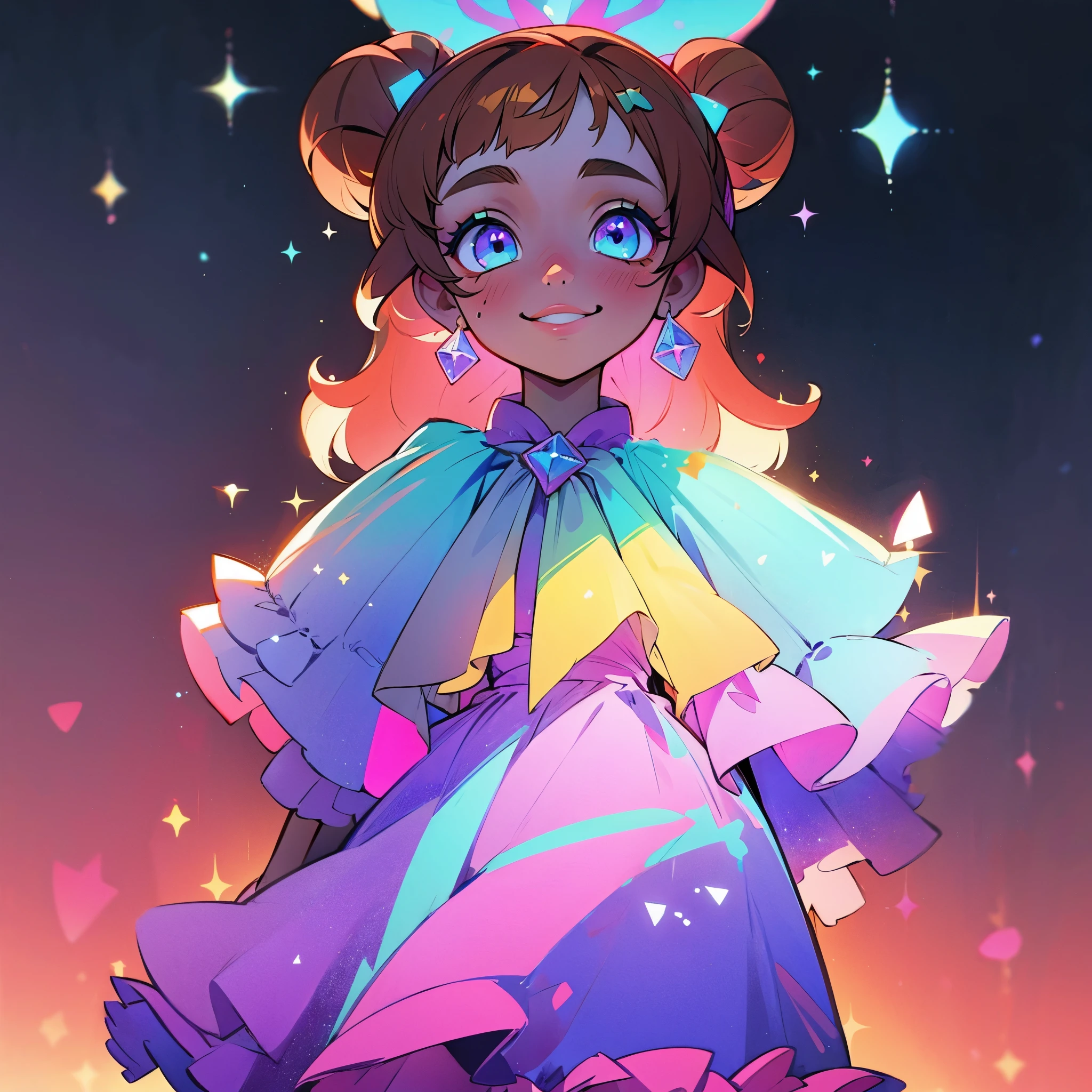 beautiful symmetrical dress with frills and bow, decorated with magic crystals