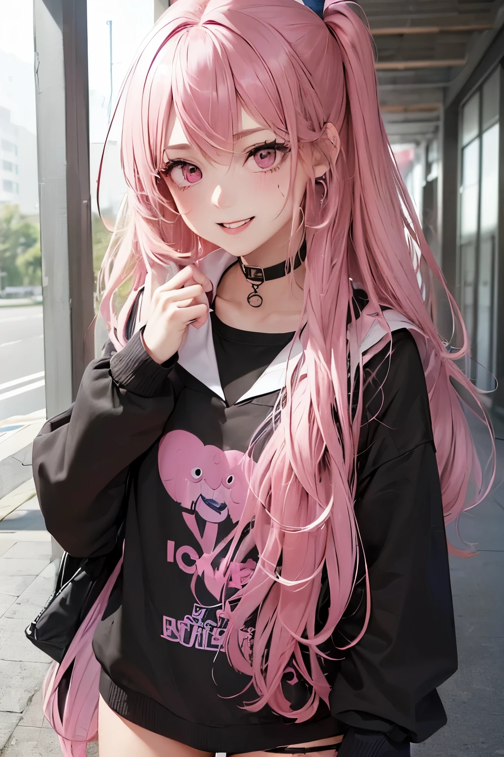 (1Girl, 18yo, ((messy pink hair)), she is a evil, bully and crazy character, she are smiling, pink slutry eyes, (wearing ((black and blue)) colegial japonese clothes)), ((school hallway background))