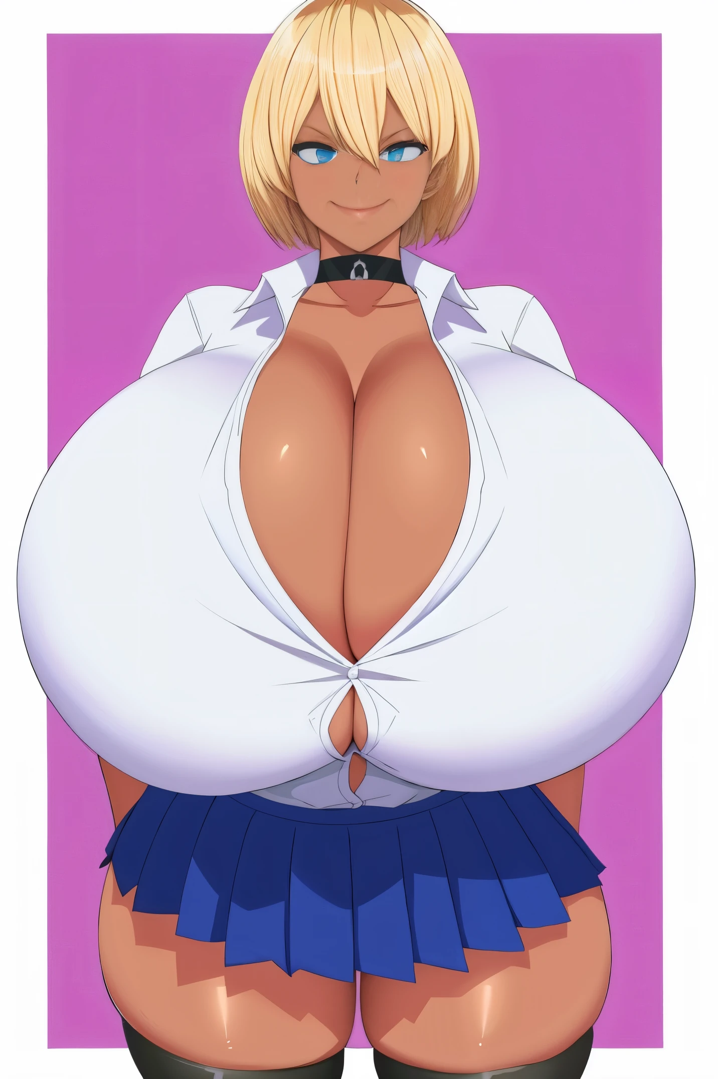 1girl, gigantic breasts,dark skin,short hair,white shirt,cleavage,blonde hair,smirk,choker,pleated skirt, background,thighhighs, smug, breast expansion