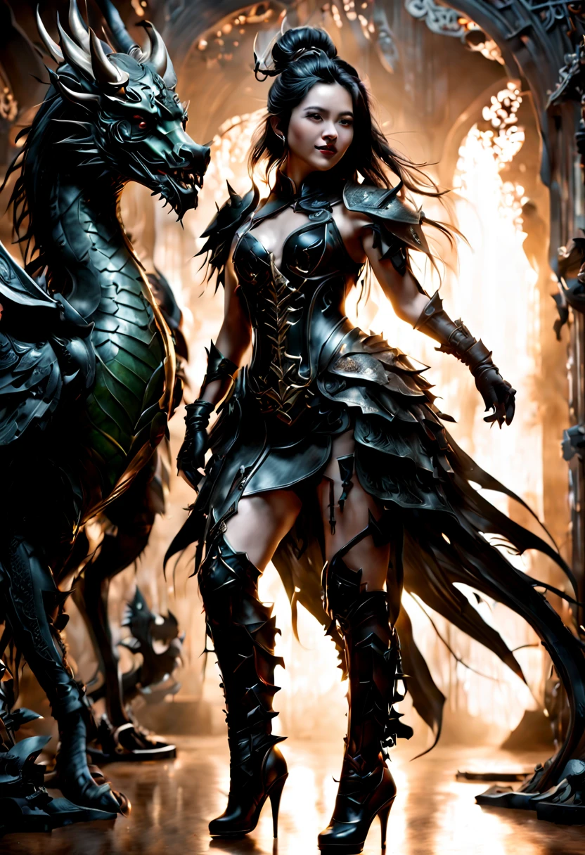 01_Green wooden dragon. Chinese style. Sculpture. A wooden sculpture, next to a cool girl in a leather corset, long dark hair, high black leather jackboots, black gloves on her hands, and metal spikes on her shoulders. Rock star, super beauty against the background of a sculpture made of wood, a green dragon - in the Chinese style., 02_ Highly detailed textures, the highest quality (Girl with white skin, in black boots with spikes and a corset (cool-sexy). Side lighting, warm light, cold shadows. Chiaroscuro, contrasting shapes, volume, and depth of the image. Slight blur in the background Dust squeaks underfoot, an old wooden sculpture, and soft lighting., 03_Highest quality, cinematic rendering. The epic setting, Chinese-style sculpture, and one character - a girl. Contrast lighting, warm light, soft - deep cold shadows. Ocher, seppia, cold lateral reflex. (Dark leather, metal, and several colors decorate the composition). The highest 3D rendering, cinema, animation, masterpiece. Unrea, black hair, french braid, crossed bangs, long hair, ponytail, smile, open mouth, Surrealism, Color Field painting, chiaroscuro, depth of field, cinematic lighting, drop shadow, UHD, retina, masterpiece, anatomically correct, textured skin, super detail, high details, high quality, award winning, highres, 16k