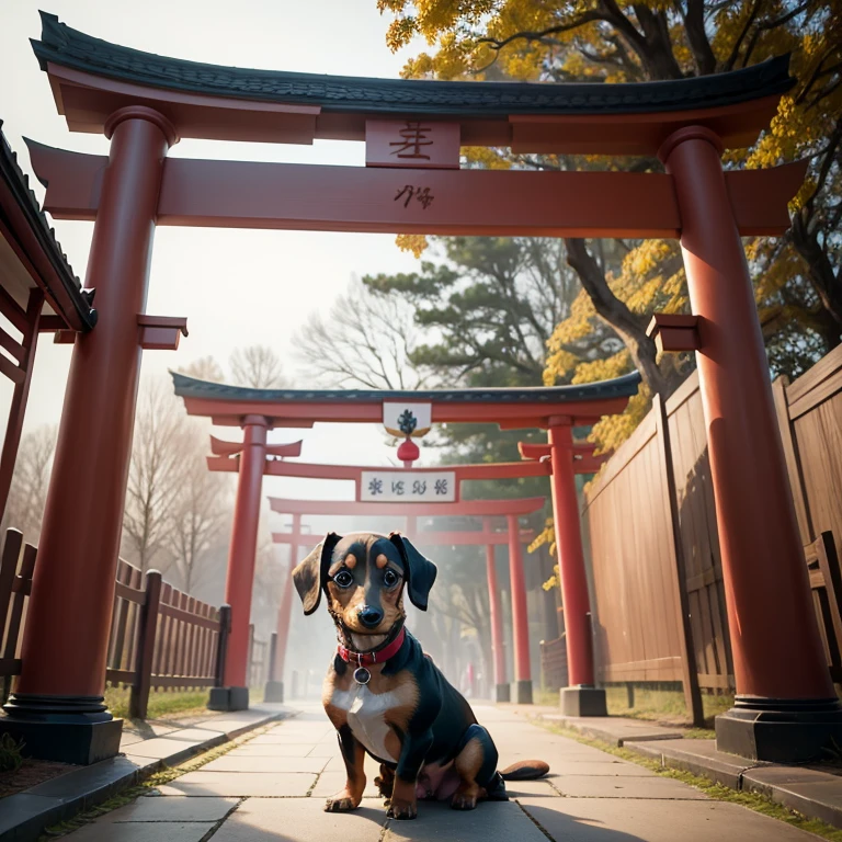 Miniature dachshund saying New Year's greetings in front of the torii gate