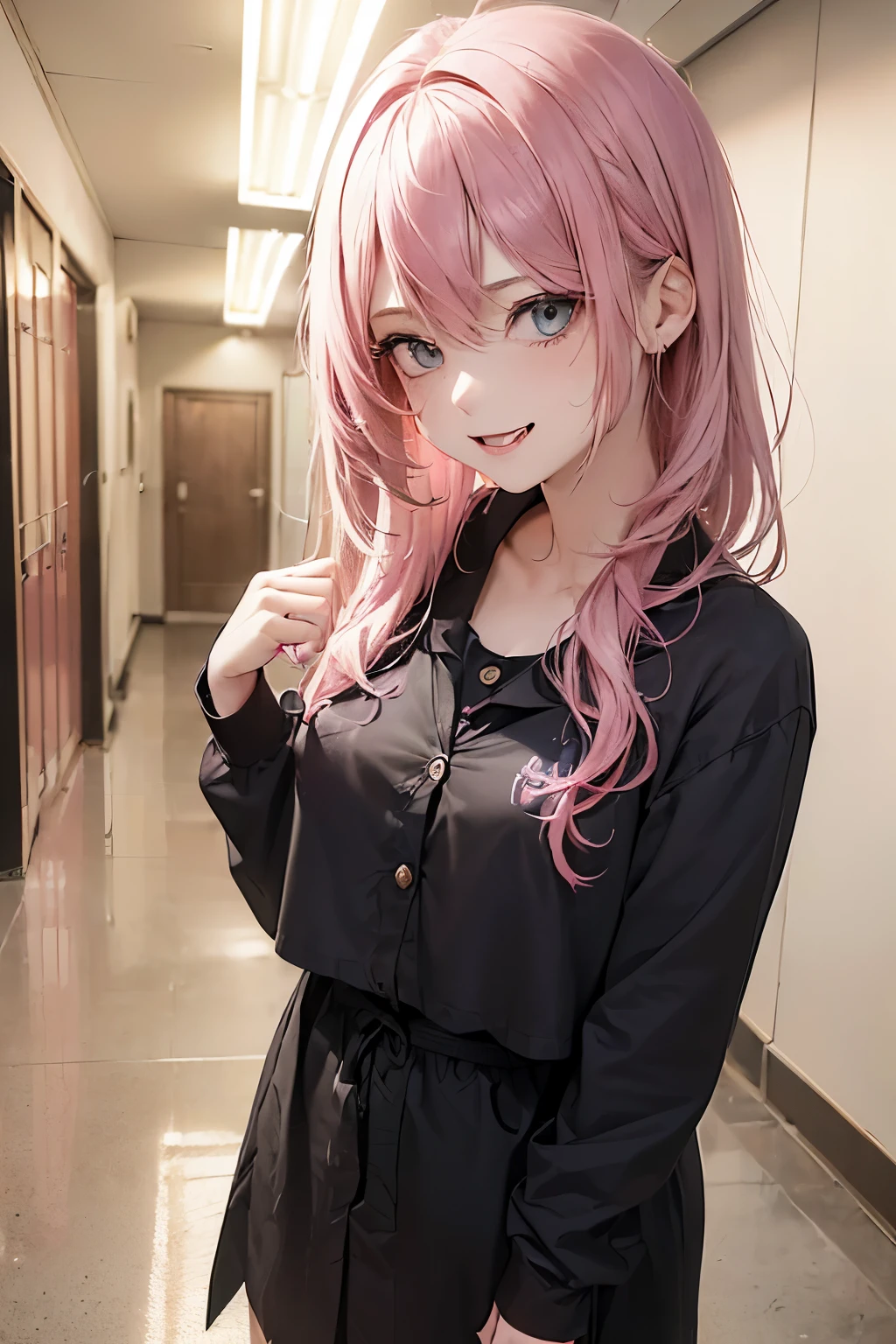 (1Girl, 18yo, ((messy pink hair)), she is a evil, bully and crazy character, she are smiling, pink slutry eyes, (wearing ((black and blue)) colegial japonese clothes)), ((school hallway background))