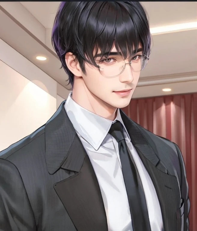 a close up of a person in a suit and tie, anime handsome man, a handsome man, black short hair, straight thick bangs, straight front bangs, unparted print bangs, handsome professor, center unparted hair, Lucien xumo, Mr love queens choice, purple eyes, 31 years old, teasing smile, heavy eyelid, slanted eyes, bedroom eyes, thin eyebrows.