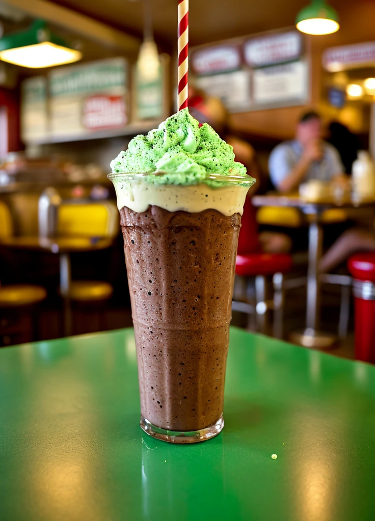 POV closeup (photo:1.2) of an old-fashioned style chocolate mint chip milkshake, syrup, (busy cozy retro diner interior, people in background), paper coaster. "ahaha it tastes like toothepaste" go eat a mentos you fucking cretin this one's for all my fellow mint enjoyers put it right here brothers