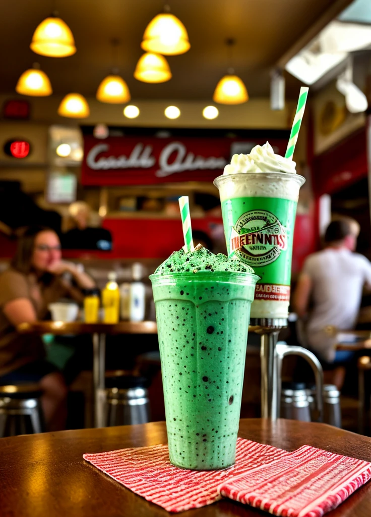 POV closeup (photo:1.2) of an old-fashioned style chocolate mint chip milkshake, syrup, (busy cozy retro diner interior, people in background), paper coaster. "ahaha it tastes like toothepaste" go eat a mentos you fucking cretin this one's for all my fellow mint enjoyers put it right here brothers