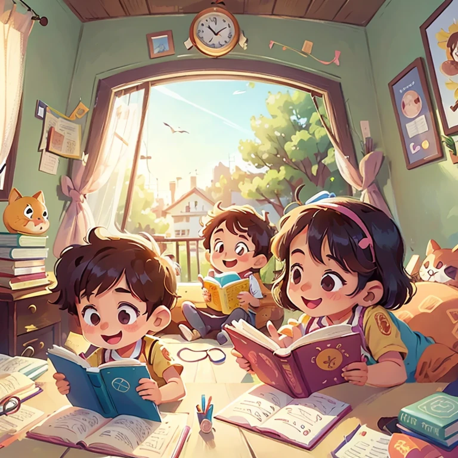 Illustration of Two Cheerful and Curious Jewish Children Reading Books and Researching at Home, Portada para libro infantil, espacio para escribir texto