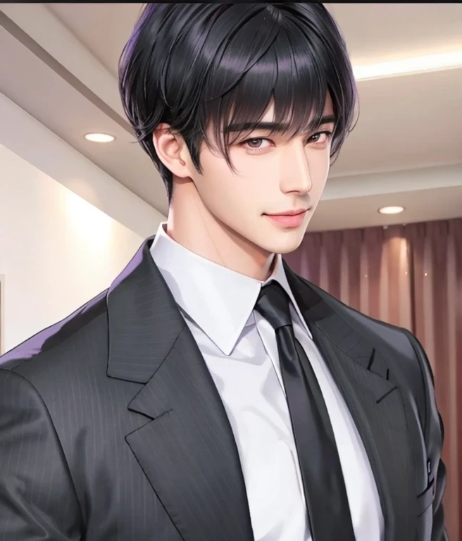 a close up of a person in a suit and tie, anime handsome man, a handsome man, black short hair, straight thick bangs, straight front bangs, unparted print bangs, handsome professor, center unparted hair, Lucien xumo, Mr love queens choice, purple eyes, 31 years old, teasing smile, heavy eyelid, slanted eyes, bedroom eyes, thin eyebrows.