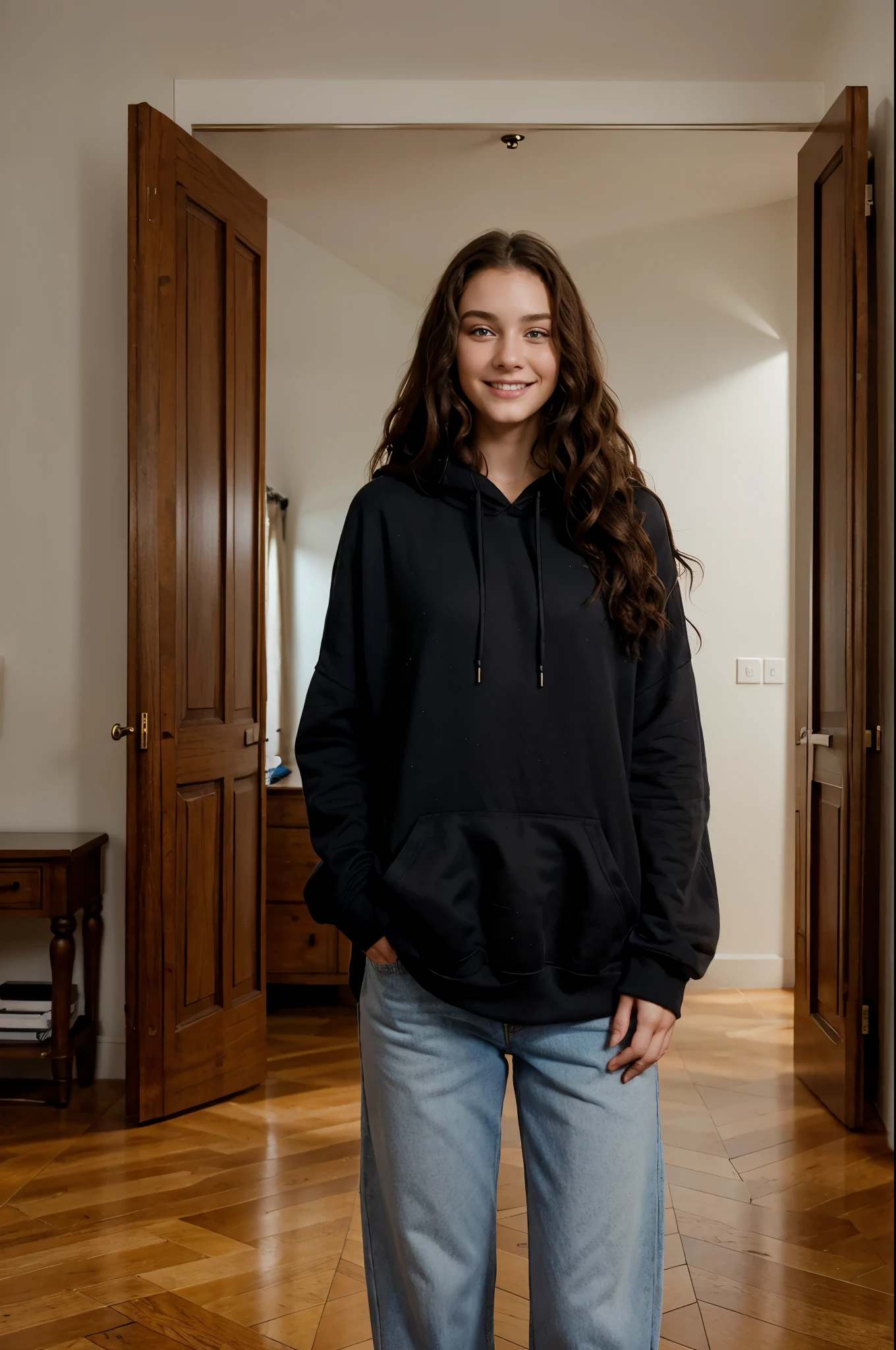 american 19 year old beautiful model, wearing black oversized hoodie, standing in a room, long curly brown hairs, blue eyes, happy face, realistic photography