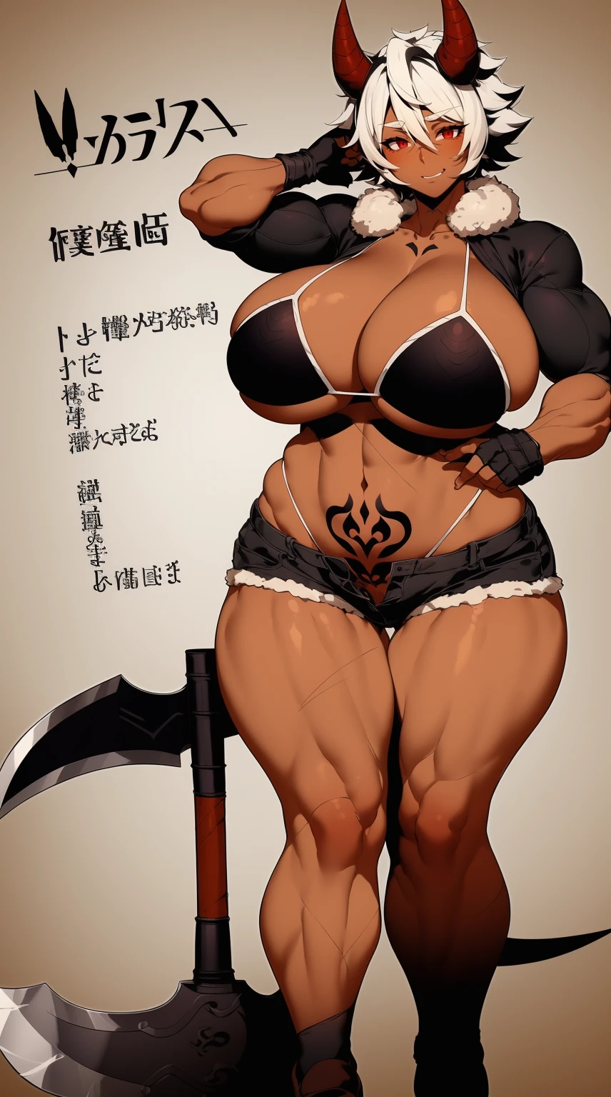 helga, dark-skinned female, short hair, silver hair, bikini, horns, red eyes, shorts, huge breasts, no wings, muscular female, thick thighs, thick arms, tomboy,full body tatto,, no tail,fertility tatto, breeding tatto,smug, holding axe, reflection light, blending, bloom, god rays, ray tracing, Fujicolor, drop shadow, Gothic art, anime, Ghibli-like colours, anime style, UHD, retina, masterpiece, ccurate, anatomically correct, textured skin, super detail, high details, high quality, award winning, best quality, highres, 1080P, HD, 4K, 8k, 16k,standing, warrior pose, axe holding,refsheet, charactersheet