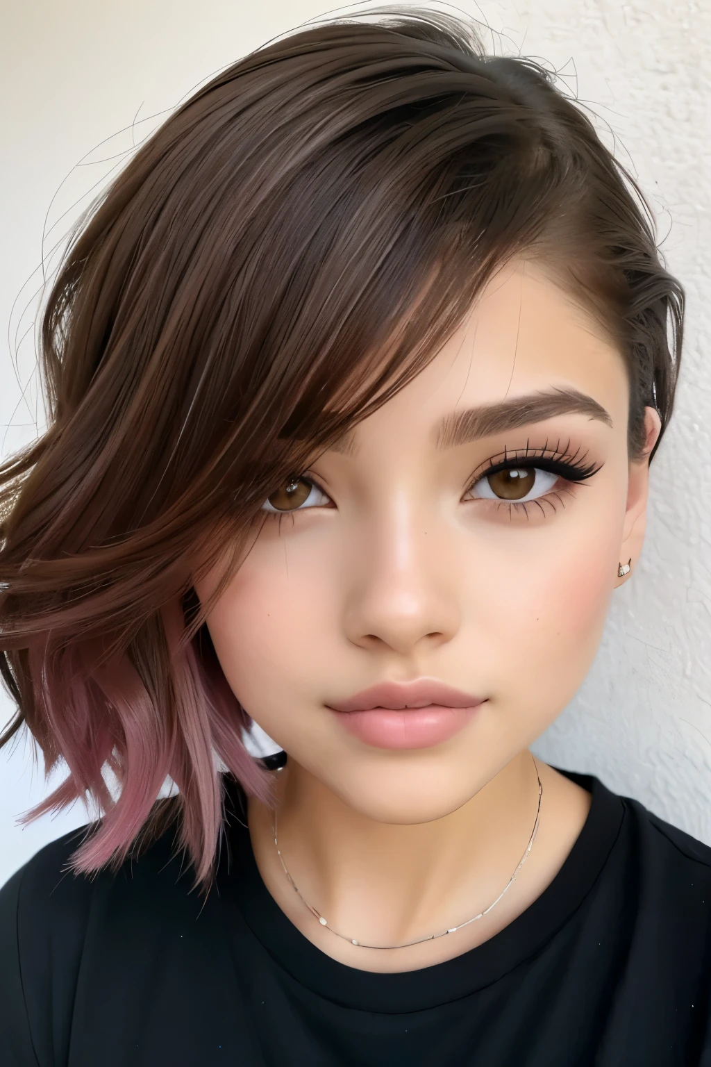 Beautiful girl, marrom_linda adolescente magra de 18 anos, Hair color [Brown highlights Hair], [Undercut Pixie] Hair)), Brincos, lips, Realistic, cintura estreita, encantador, pink lipstick, maquiagem colorida, long eyelashes, Brincos, usando delineador, pele clara, (fofo), (Rosto detalhado), Olhos detalhados, iris detailed