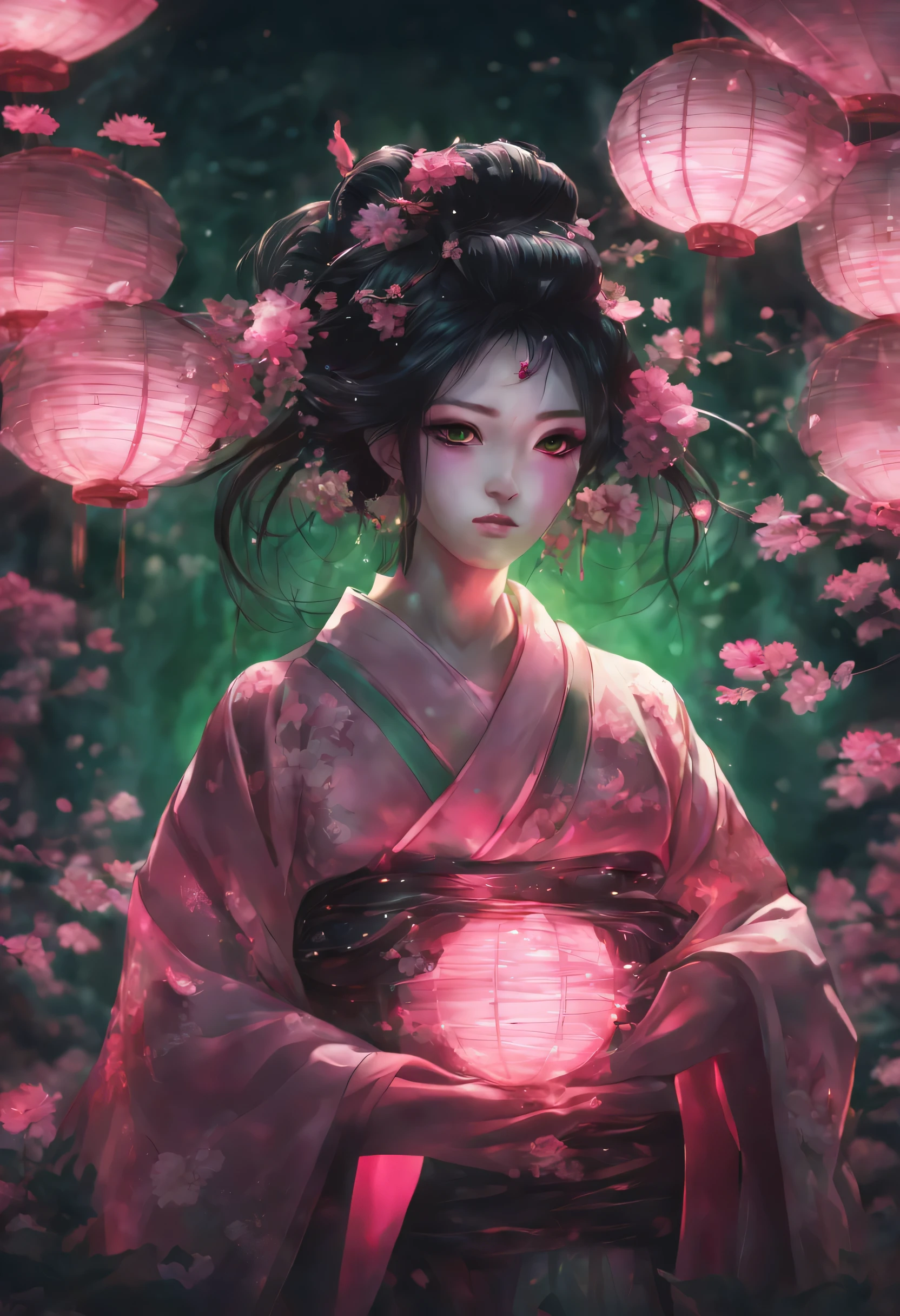 luminoso e encantador, Sombrio e misterioso, reino de fantasia sombria iluminado, profundidade de campo detalhes intrincados, cores sutis, extremamente detalhado, light particules, attention to detail, Japanese anime style art, mulher fantasiada de gueixa com cores vibrantes de rosa e verde , em segundo plano sem imagem e com um vazio total.