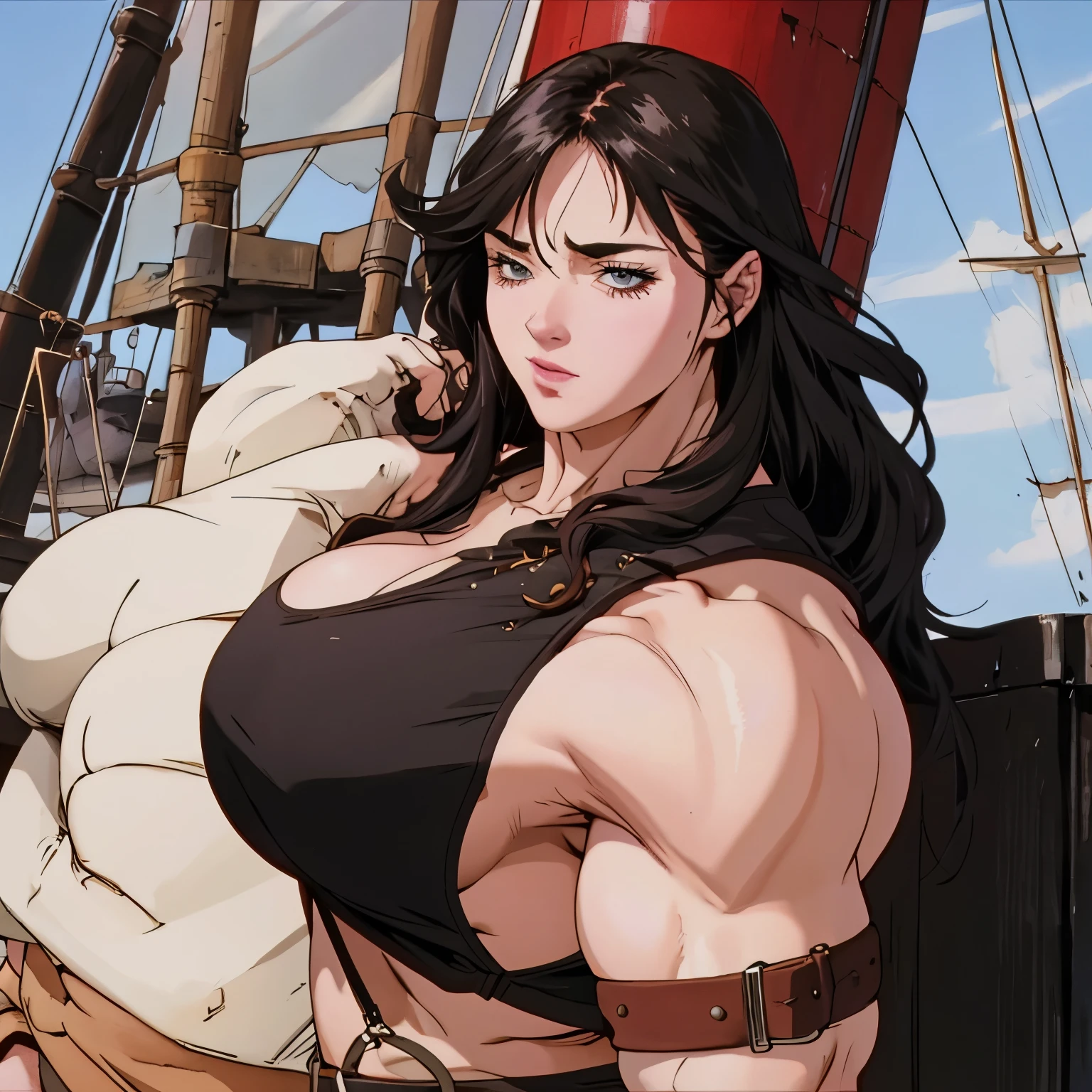 A big, muscular woman who looks like a ship captain