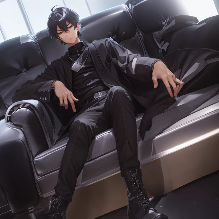 1 Korean young men，20yr old，Hair is medium length，tall，Black  top，Black trousers and combat boots，sitting in the couch，lift one foot，Badass anime 4k，handsome anime pose，looking at the camera in，POV perspective，Badass anime 8k