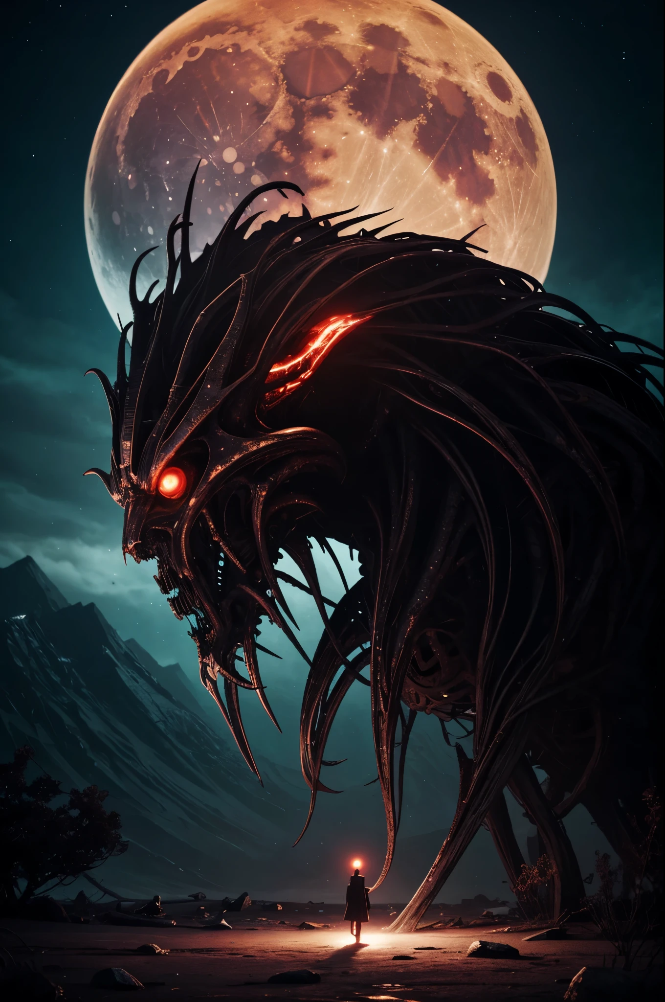 Under the ominous glow of a blood-red moon, a lone wheatfield stretches out, its golden stalks rustling eerily in the night breeze. Amidst this sea of swaying grain, a small, sinister creature lurks, its malevolent presence casting a shadow over the tranquil landscape.
The creature, a satanic little monster with twisted horns and glowing eyes, prowls between the wheat stalks. Its skin is a mottled black and crimson, covered in runic markings that pulse with a dark energy. Sharp, jagged teeth glint as it grins wickedly, and its claws leave a trail of scorched earth in its wake.
In the distance, the ancient silhouette of a crumbling windmill looms, adding to the haunting ambiance of the scene. The moonlight bathes the field in a crimson hue, casting long, sinister shadows that dance with the movement of the creature.
Eerie whispers and distant howls fill the air, as if the night itself is alive with dark enchantments. The wheatfield, usually a symbol of harvest and life, now feels cursed, every stalk seeming to lean away from the demonic intruder.
What dark ritual summoned this monster on this night of the red moon? What sinister purpose drives it as it moves through the fields? This AI-generated image captures the unsettling and malevolent atmosphere of a dark medieval fantasy world, where evil forces roam freely under the blood moon."
