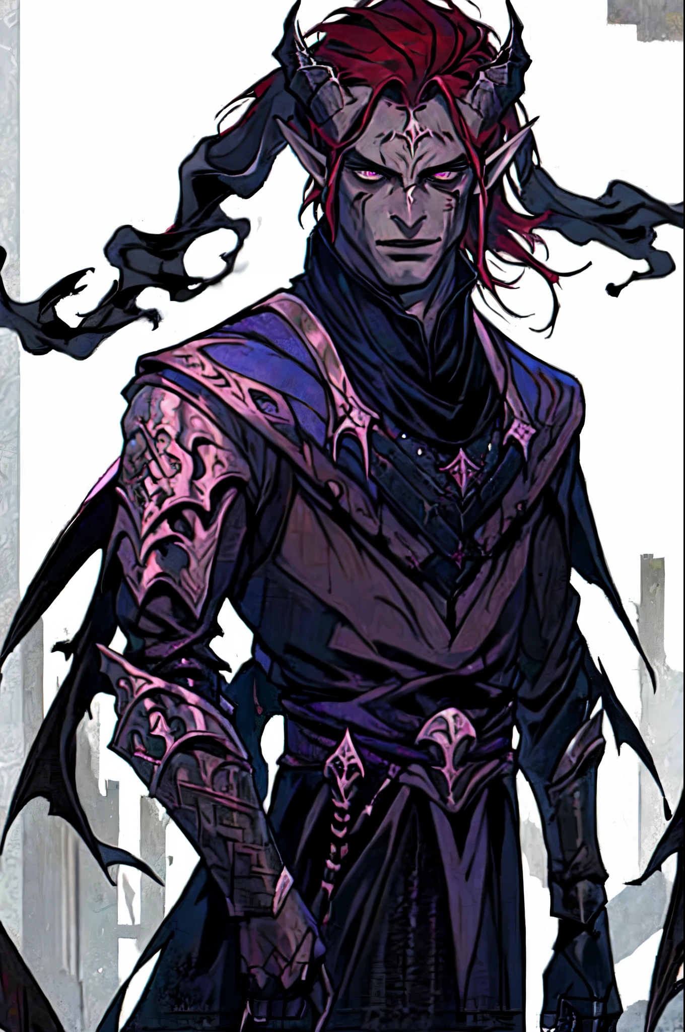 ((Masterpiece, best_quality)) 1_Male_elf_warrior, solo with a kind_expression. He has long_messy_maroon_hair and black_demon_horns_extend_from_forehead_sweeping_backwards. He has emerald_eyes and pointy_ears. pale_white_skin_with_heavy_scaring and a gaunt_face. He wears an ebony_steel_breastplate with ebony_steel_pauldrons alongside ebony_steel_gauntlets and ebony_steel_greaves. He stands in a dark_ancient_ruin with no light. upper_body, high_detail