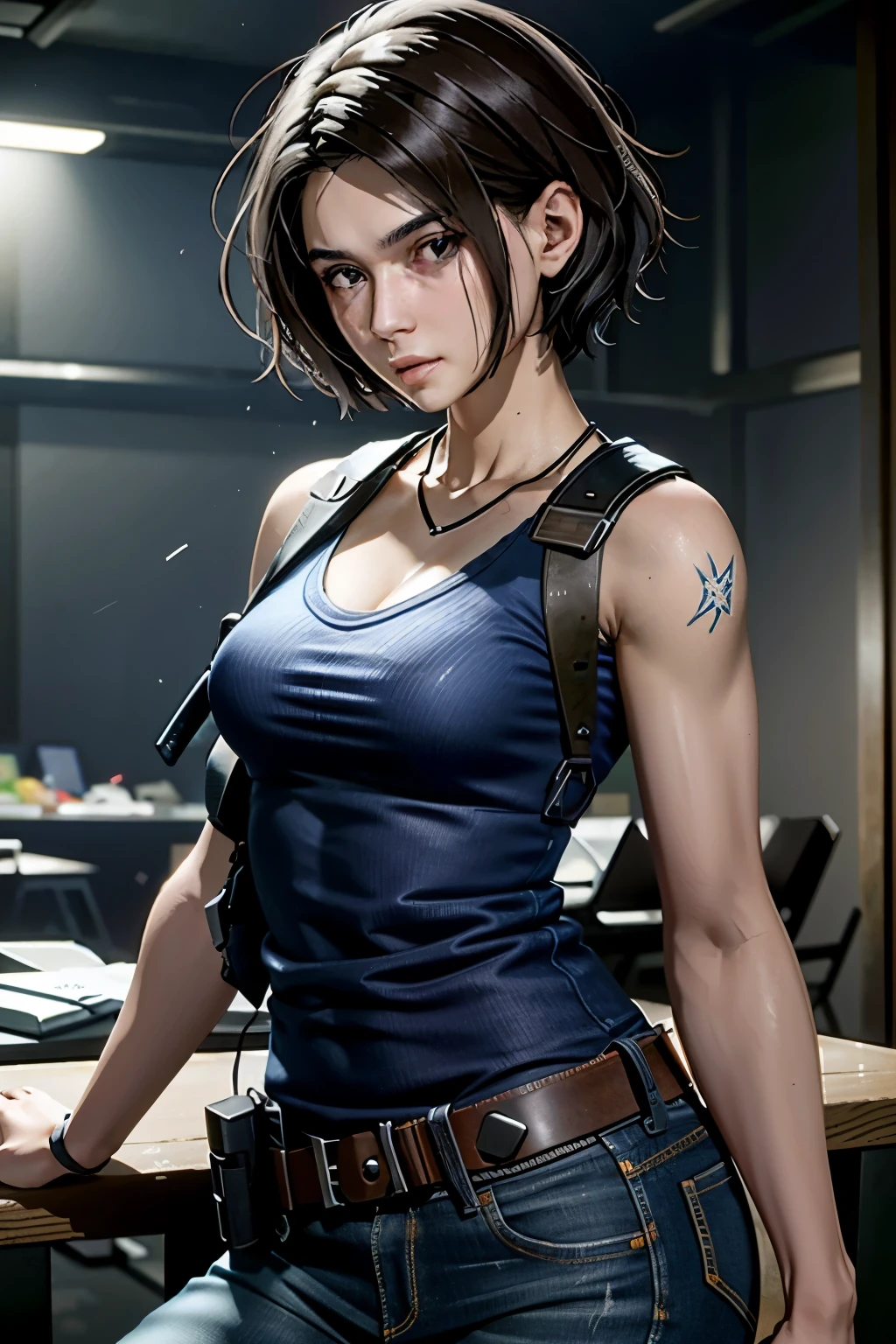(master part, melhor qualidade) JillValentineRE, 1girl, sozinho, seios, Olhando para o Viewer, sorrir, short hair, large seios, brown hair, camisa, clivagem, bareshoulders, olhos castanhos, jewelries, boca fechada, 鎖骨, arma, cowboy shot, Mangas, diafragma, belt, Pants, dentro, colar, lips, topo de corte, arma, bare arms, arm support, Tampo do tanque, planta, Denim, handarma, durante, Bolsa, jeans, , planta em vasoa, coldre, diafragma peek, shoulder coldre, Jill Valentim