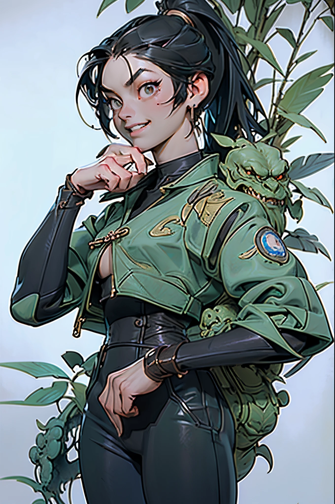 01_Green wooden dragon. Chinese style. Sculpture. A wooden sculpture, next to a cool girl in a leather corset, long dark hair, high black leather jackboots, black gloves on her hands, and metal spikes on her shoulders. Rock star, super beauty against the background of a sculpture made of wood, a green dragon - in the Chinese style., 02_ Highly detailed textures, the highest quality (Girl with white skin, in black boots with spikes and a corset (cool-sexy). Side lighting, warm light, cold shadows. Chiaroscuro, contrasting shapes, volume, and depth of the image. Slight blur in the background Dust squeaks underfoot, an old wooden sculpture, and soft lighting., 03_Highest quality, cinematic rendering. The epic setting, Chinese-style sculpture, and one character - a girl. Contrast lighting, warm light, soft - deep cold shadows. Ocher, seppia, cold lateral reflex. (Dark leather, metal, and several colors decorate the composition). The highest 3D rendering, cinema, animation, masterpiece. Unrea, black hair, french braid, crossed bangs, long hair, ponytail, smile, open mouth, Surrealism, Color Field painting, chiaroscuro, depth of field, cinematic lighting, drop shadow, UHD, retina, masterpiece, anatomically correct, textured skin, super detail, high details, high quality, award winning, highres, 16k