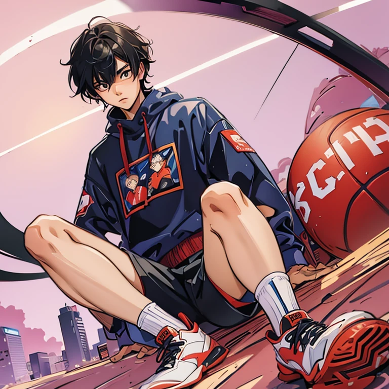 1 Korean young men，20yr old，Hair is medium length，Red sweatshirt，Black  shorts，Red and white high top basketball shoes，sitted，looking-down，lift the foot，Badass anime 4k