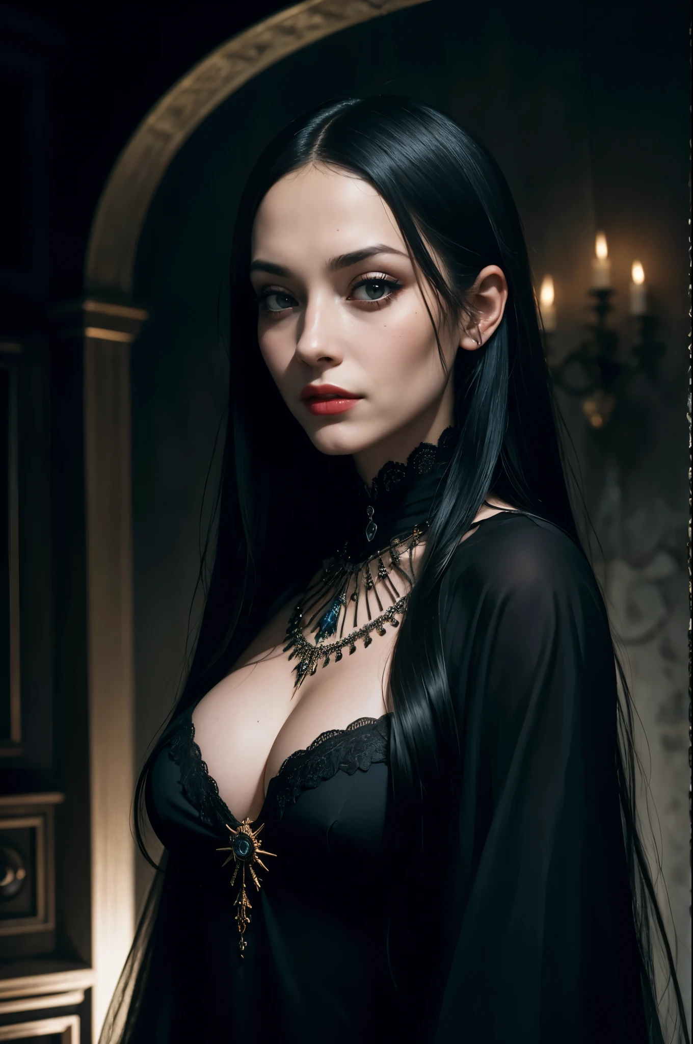 Morticia addams, cuerpo completo, Hermosa vampira joven con pelo largo y negro, ojos rojos, Sonrisa felina, Ropa negra y antigua, fantasy, Paisaje del castillo, face symmetrical, eyes symmetrical, Cinematographerrrealista, Cinematographer, obra-prima, realista, realismo, Cinematographerrrealismo, alto contraste, Digital Art Trend Realistic Photography on Artstation 8k HD High Definition Detailed Realistic, detallado, textura de la piel, hiper detallado, textura realista de la piel, armadura, mejor calidad, ultra-high-resolution, (Cinematographerrrealista: 1.4), high resolusion, detallado, Foto en bruto, sharp re, by Lee Jeffries Nikon D850 Film Stock Photography 4 camera kodak portra 400 lens F1.6 Rich Colors Hyper-Realistic Texture Dramatic Lighting IrrealEngine Trend in ArtStation Cinestill 800, creepy hold house in background