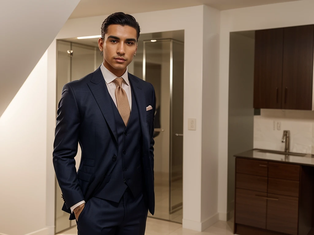 A captivating image of a Mexican man Instagram model in a suit. Behold the allure of a Mexican Instagram model, exuding confidence and style in a perfectly tailored suit. This mesmerizing individual commands attention with their striking features and magnetic presence. Their suave and sophisticated attire accentuates their impeccable fashion sense, while their confident posture and captivating gaze captivate viewers. Every detail, from the well-fitted suit to the carefully chosen accessories, speaks of elegance and refinement, this model a true fashion icon.
