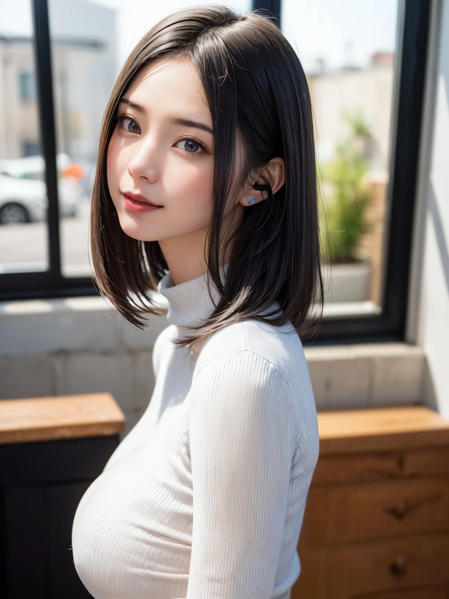 (masutepiece, top-quality、high-detail:1.4、Very attractive beauty、Add intense highlights to the eyes、Look firmly at the camera:1.4、A beautiful woman full of charm、Ideal ratio body proportions、Perfect Anatomy、Brunette Short Bob Hair、Lustrous hair、bangss:1.4、光沢のあるbangss:1.4、lipgloss),1girl in, report, Light brown shiny hair, muffler,realisitic, looking at the viewers、Tilt your head slightly, Bright colored crystal light blue eyes, short shiny hair、 White turtleneck outfit with a hole in the center of the chest,Sexy white turtleneck knit sweater with a round hole in the middle of the chest、 s lips, lipgloss, The upper part of the body、big eye、Lashes、A little red in the face、Embarrassing)、((italian road in winter))、((short hair with big eyes、Put very strong highlights in your students、{Gigantic|Big|Huge|Mega} breasts:1.4、very Bigger breasts、gazing at viewer、Very beautiful beauty、Put your ears out、long neck、little smiling、Beautiful teeth、Open your mouth and smile、Heart-shaped pupil))、28 year old、Very cute supermodel、bangss:1.7、艶のあるbangss:1.7