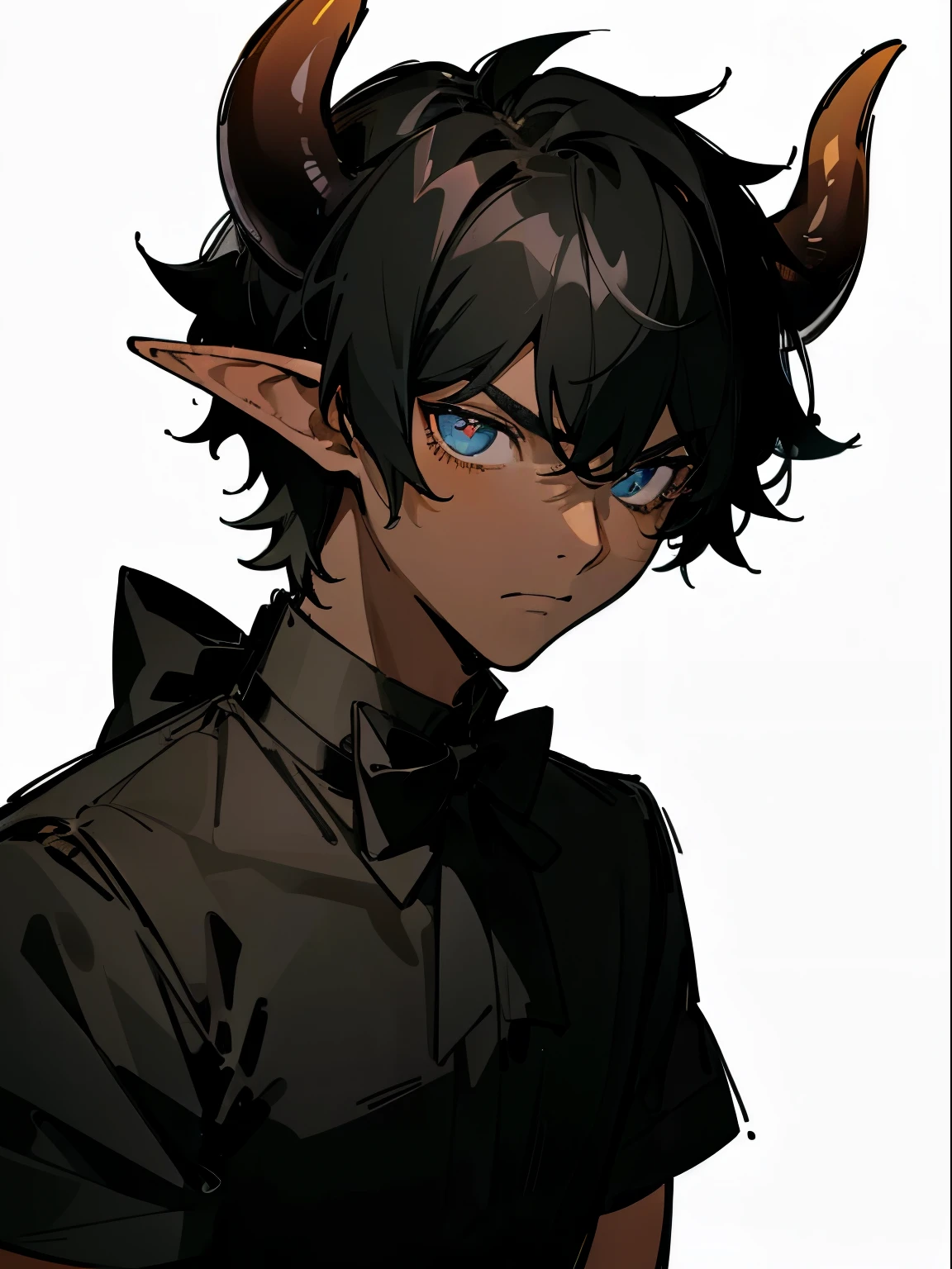 1boy,20,mature male,solo,serious,((dark skin)),((black shirt,short sleeves,black bow tie)),Short hair,black hair,elf ears,(horns),(white background, line drawing),portrait