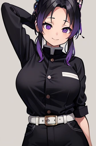 kochou shinobu, 1 girl, alone, multicolored hair, no bangs, hair clips, purple eyes, forehead, black shirt, black pants, haori, butterfly, buttons, belt, Japanese mansion, ((best quality)), ((very detailed)), masterpiece, absurdities, (detailed eyes, deep eyes), detailed pupils, 1woman,(happy:1.1),(smile:1.2),bright face,,big breasts, narrow waist, medium hips, wide thighs