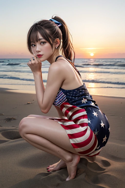 masutepiece, Best Quality, 23years old,Ultra-detailed, finely detail, hight resolution, 8K Wallpaper, Perfect dynamic composition, Natural Color Lip,(she is wearing a short dress with stars and stripes.:1.5),(Ponytail:1.3),drawn action: (Girl is squatting,barefoot on the sand 1.3),,(silk american flag dress:1.4)20 years girl,(Full body:1.3),shot from a side angle:1.3,Enjoy the sunset,,((Sexy Pose))