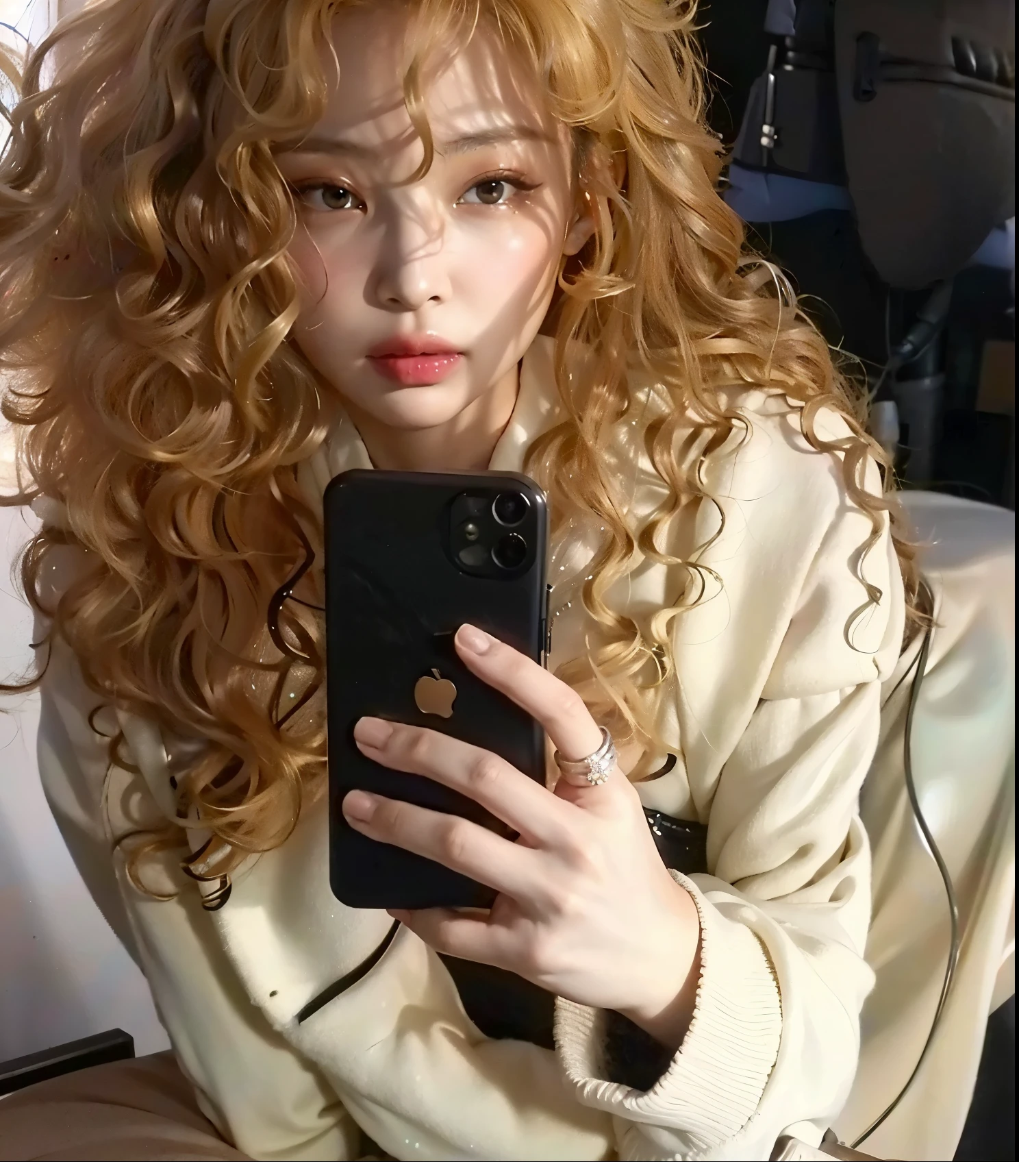 there is a woman com longos cabelos cacheados taking a selfie, cabelos loiros muito cacheados, com cabelos ruivos cacheados, pale skin curly blond hair, cabelos loiros cacheados | d & d, O corte Hime, cabelos loiros cacheados muito longos, com longos cabelos cacheados, franja encaracolado, cabelos brancos cacheados, longos cabelos loiros e cacheados, her hair is white