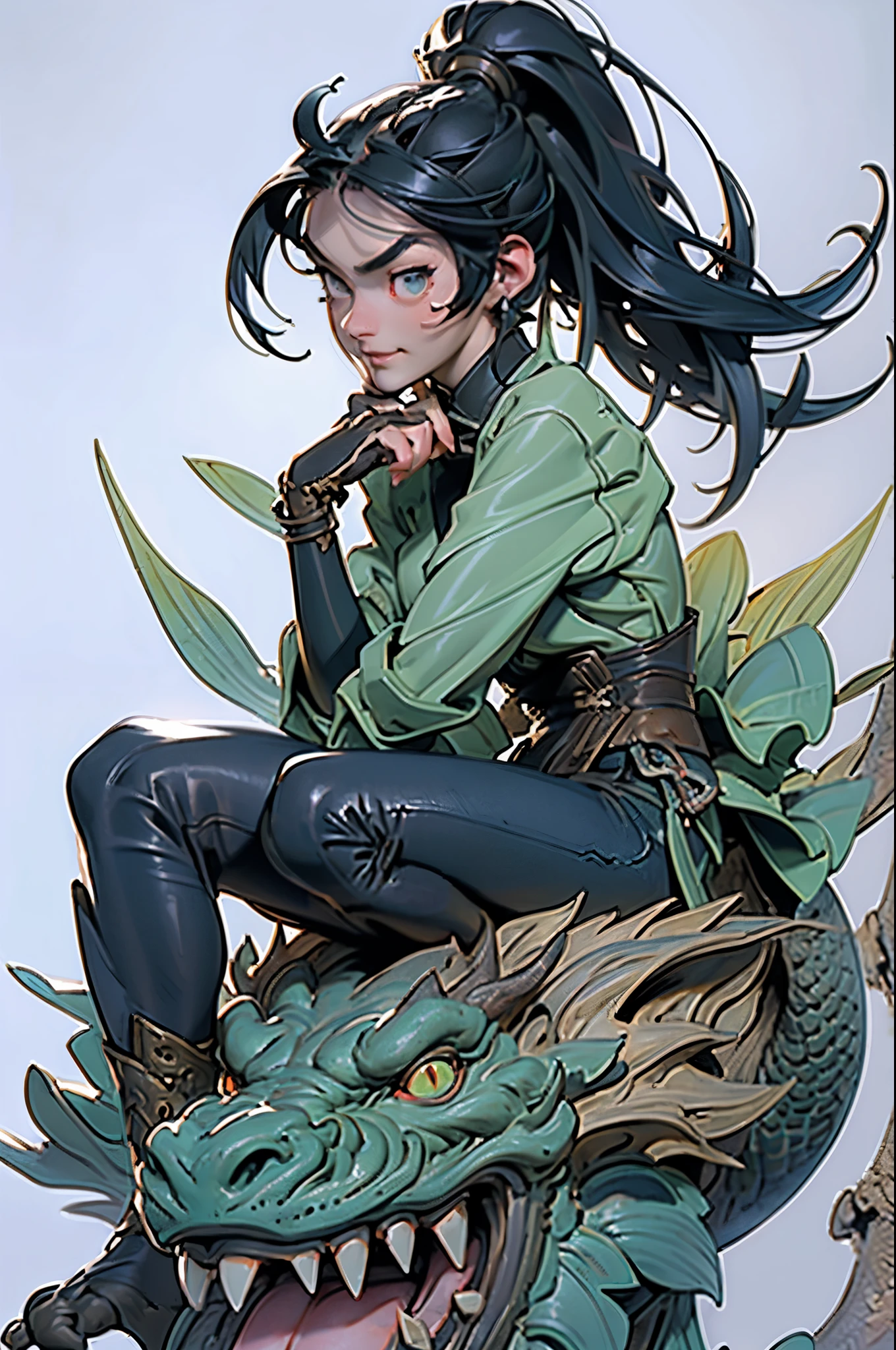 01_Green wooden dragon. Chinese style. Sculpture. A wooden sculpture, next to a cool girl in a leather corset, long dark hair, high black leather jackboots, black gloves on her hands, and metal spikes on her shoulders. Rock star, super beauty against the background of a sculpture made of wood, a green dragon - in the Chinese style., 02_ Highly detailed textures, the highest quality (Girl with white skin, in black boots with spikes and a corset (cool-sexy). Side lighting, warm light, cold shadows. Chiaroscuro, contrasting shapes, volume, and depth of the image. Slight blur in the background Dust squeaks underfoot, an old wooden sculpture, and soft lighting., 03_Highest quality, cinematic rendering. The epic setting, Chinese-style sculpture, and one character - a girl. Contrast lighting, warm light, soft - deep cold shadows. Ocher, seppia, cold lateral reflex. (Dark leather, metal, and several colors decorate the composition). The highest 3D rendering, cinema, animation, masterpiece. Unrea, black hair, french braid, crossed bangs, long hair, ponytail, smile, open mouth, Surrealism, Color Field painting, chiaroscuro, depth of field, cinematic lighting, drop shadow, UHD, retina, masterpiece, anatomically correct, textured skin, super detail, high details, high quality, award winning, highres, 16k
