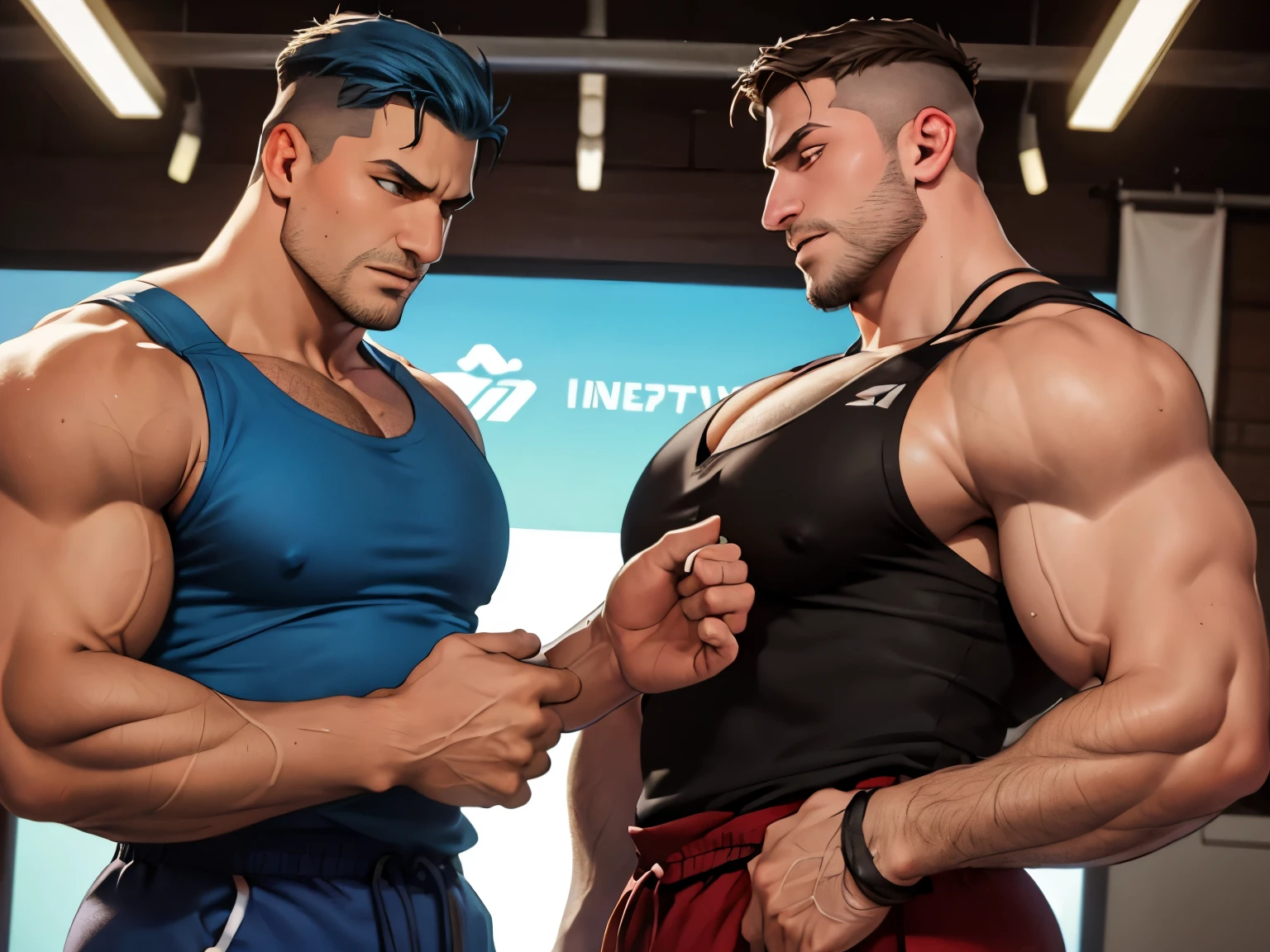 Two characters, both facing each other, in fighting stances Dojo Background, First charactera is a giant massive muscular young man with cyan blue hair in a undercut hair and tanktop and cargo pants outfit, has a Short Trimmed beard, badass has a serious expression. The second Character is a young small man, with small beard, wearing a karate uniform, is very big muscular, has long black hair, have serious expression body hairless. Size difference, muscle domination.