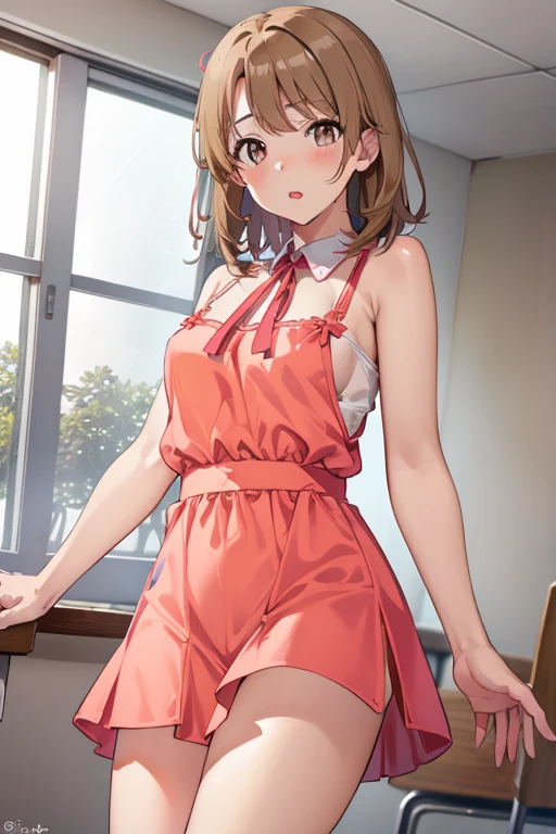 irohaisshikitest, Iroha Isshiki, pelo corto, brown hair, brown eyes, Obra maestra, La mejor calidad, High resolution, Unidad 8K Fondo de pantalla, 插圖, hermosos ojos detallados, Perfect lighting, CG extremadamente detallado, labios brillantes, labios separados, porrista, escote, diafragma, Classroom