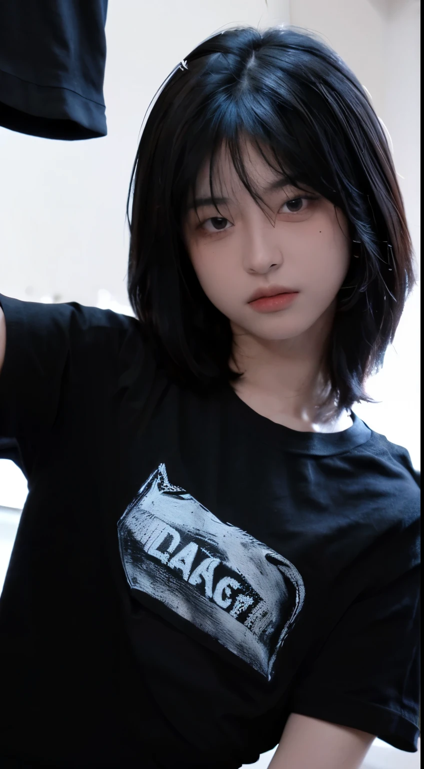 8K,Best quality, masterpiece, ultra high res, (photorealistic:1.4), raw photo, (Authentic skin texture:1.3), (film grain:1.3),1girl,beautiful detailed eyes and face,masterpiece, best quality,close-up,upper body, wolf cut hair,(selfie angle), (wearing black t-shirt:1.4)