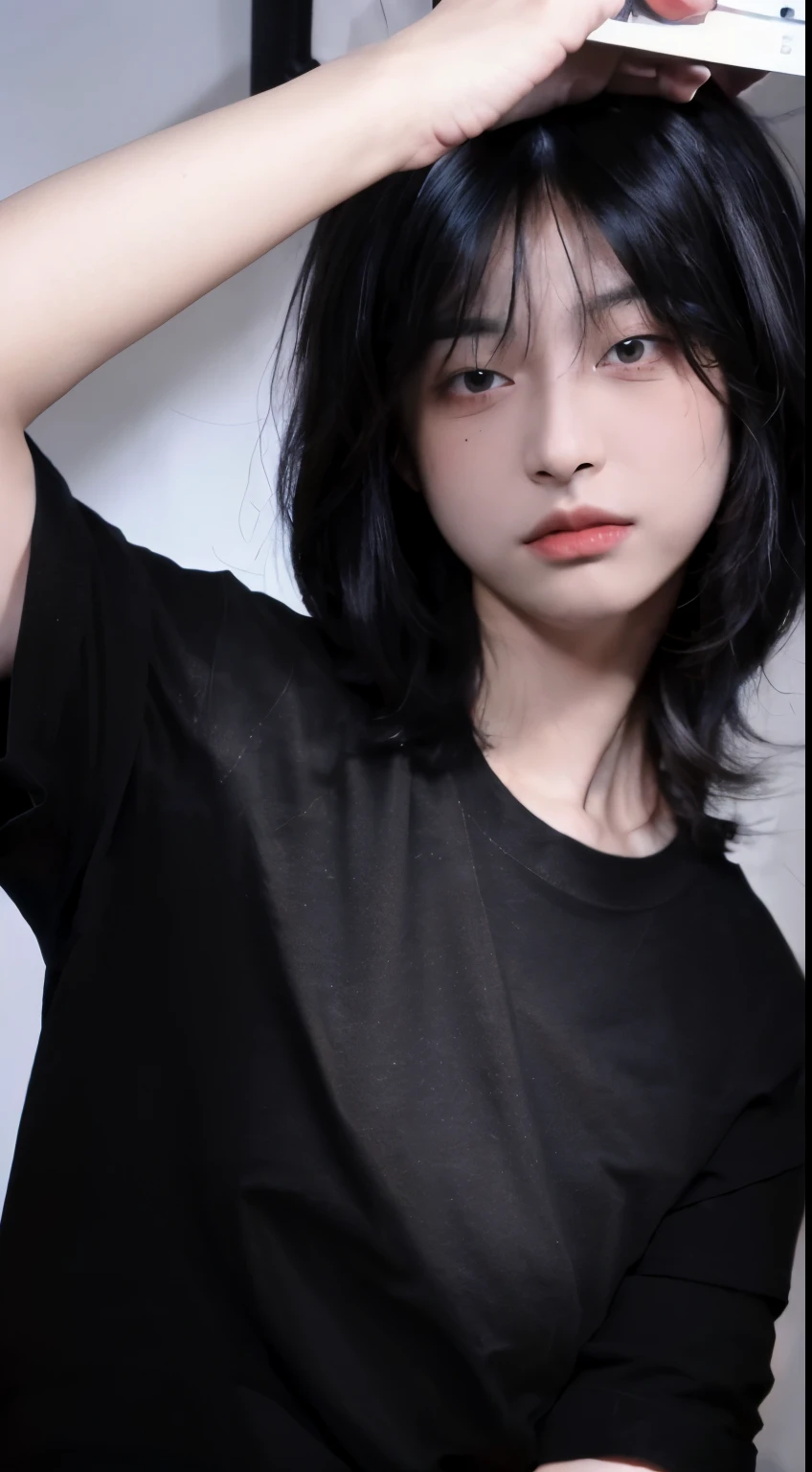 8K,Best quality, masterpiece, ultra high res, (photorealistic:1.4), raw photo, (Authentic skin texture:1.3), (film grain:1.3),1girl,beautiful detailed eyes and face,masterpiece, best quality,close-up,upper body, wolf cut hair,(selfie angle), (wearing black t-shirt:1.4)