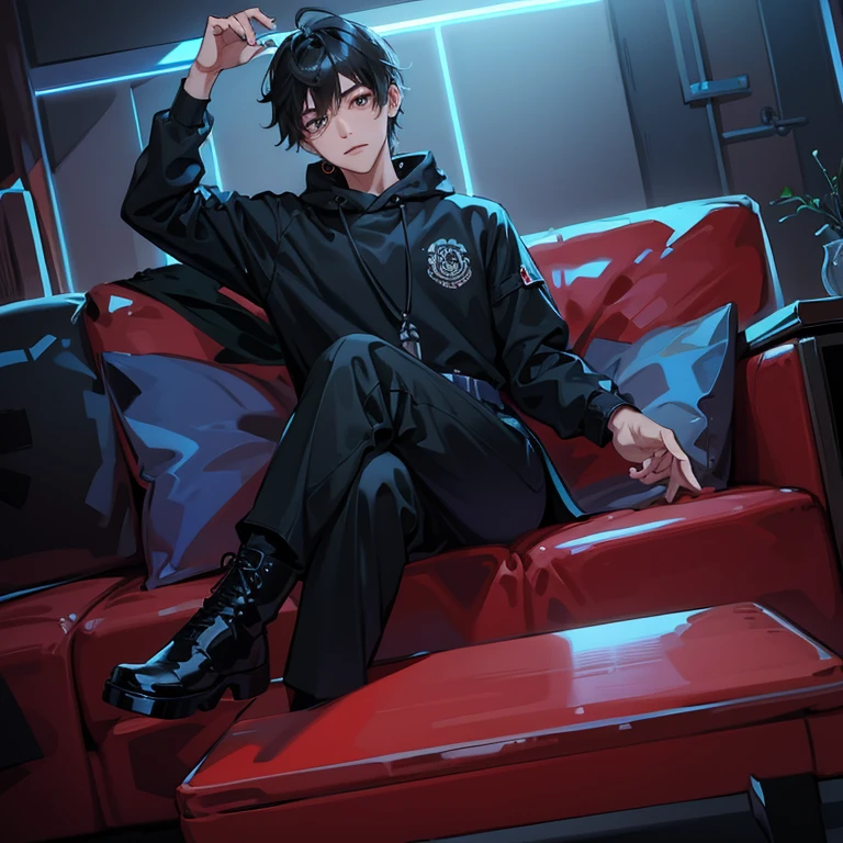 1 Korean Youth，20yr old，Hair is medium length，tall，Black sweatshirt，black trousers and combat boots，sitting in the couch，put your feet on the ground，Lift one foot，Badass anime 4k，handsome anime pose，looks into camera，POV perspective