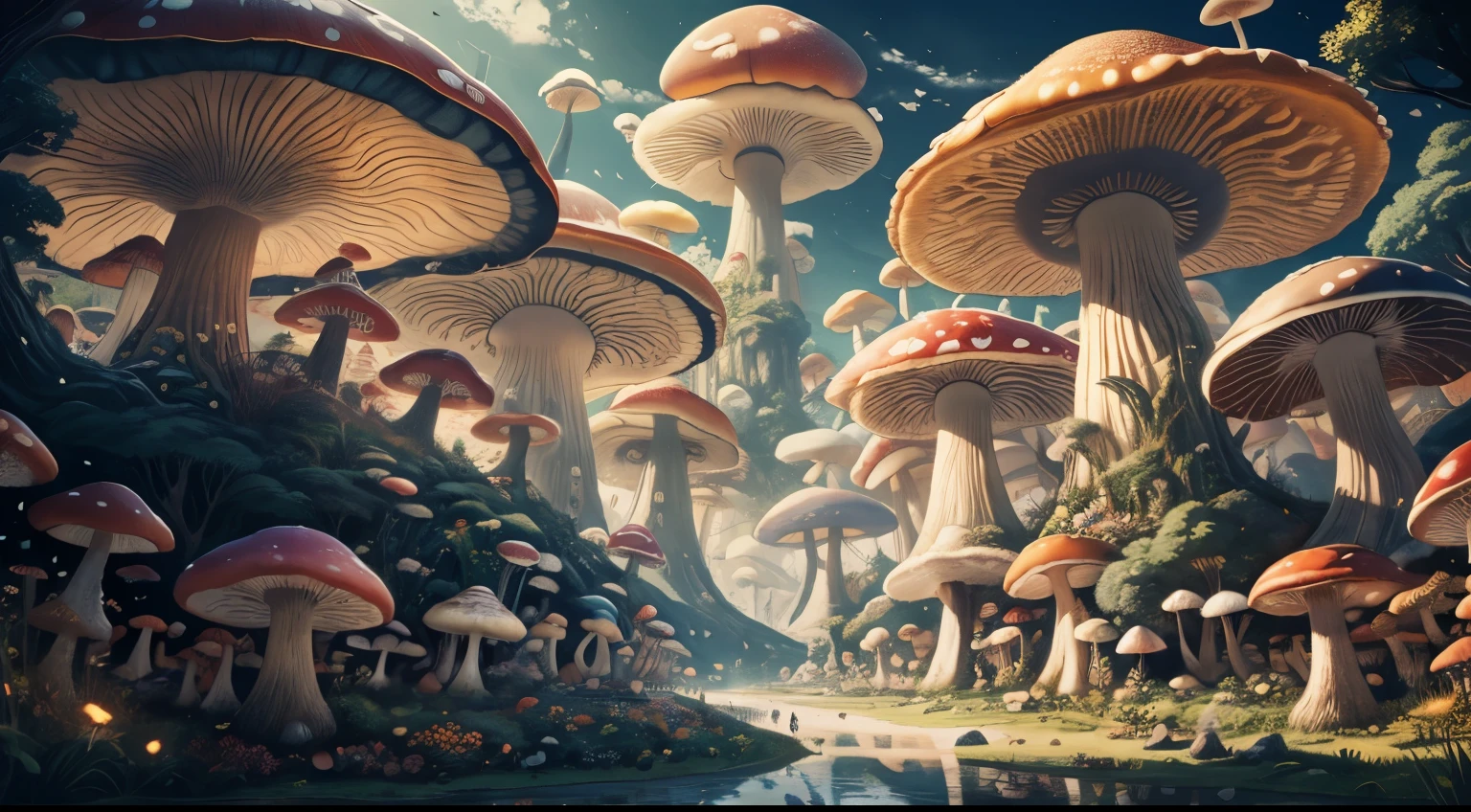landscape, colorful, giant mushrooms, palace