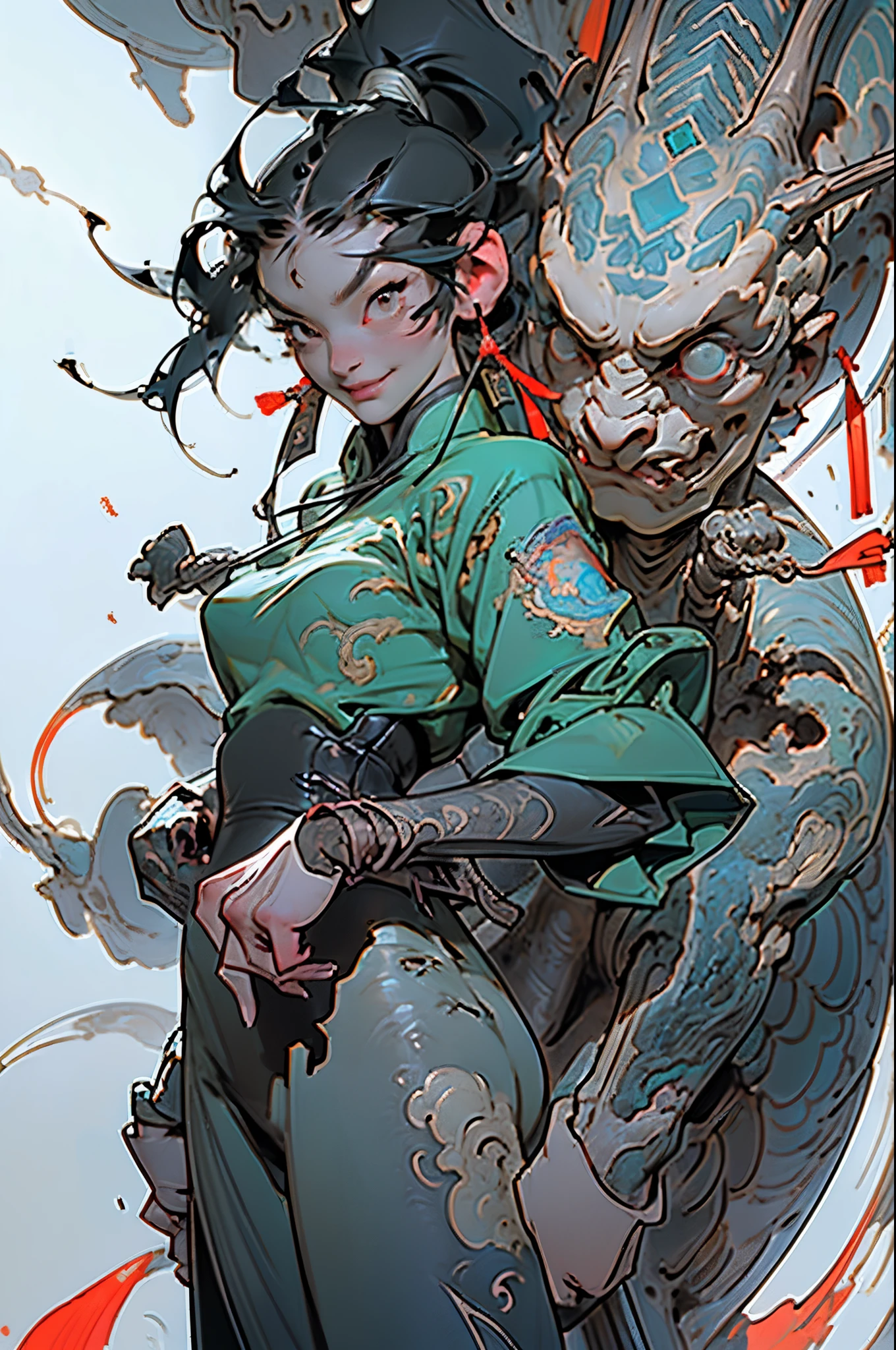 01_Green wooden dragon. Chinese style. Sculpture. A wooden sculpture, next to a cool girl in a leather corset, long dark hair, high black leather jackboots, black gloves on her hands, and metal spikes on her shoulders. Rock star, super beauty against the background of a sculpture made of wood, a green dragon - in the Chinese style., 02_ Highly detailed textures, the highest quality (Girl with white skin, in black boots with spikes and a corset (cool-sexy). Side lighting, warm light, cold shadows. Chiaroscuro, contrasting shapes, volume, and depth of the image. Slight blur in the background Dust squeaks underfoot, an old wooden sculpture, and soft lighting., 03_Highest quality, cinematic rendering. The epic setting, Chinese-style sculpture, and one character - a girl. Contrast lighting, warm light, soft - deep cold shadows. Ocher, seppia, cold lateral reflex. (Dark leather, metal, and several colors decorate the composition). The highest 3D rendering, cinema, animation, masterpiece. Unrea, black hair, french braid, crossed bangs, long hair, ponytail, smile, open mouth, Surrealism, Color Field painting, chiaroscuro, depth of field, cinematic lighting, drop shadow, UHD, retina, masterpiece, anatomically correct, textured skin, super detail, high details, high quality, award winning, highres, 16k