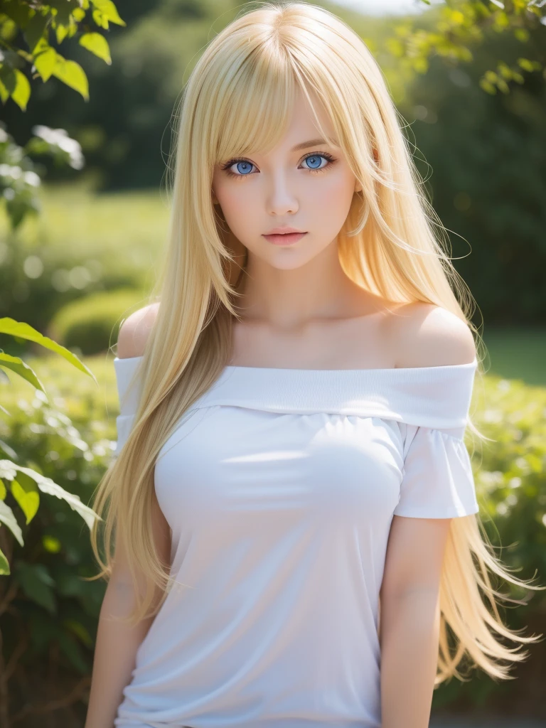 1girl in, age19, Solo, super long blonde hair, Colossal tits, Looking at Viewer, Bright blonde hair, Blonde color that changes depending on the lighting、big bright blue eyes、very big eyes、messy bangs between eyes、Bare shoulders, jewely, Full body, (Very detailed 8k wallpaper), Soft lighting, High quality, Film grain, Fujifilm XT3 sharp focus, F 5.6, high detailing, Sharp Focus,(Natural light), (gros-plan:1.2), (Seductive), off shoulder t-shirt, Realistic, A sexy