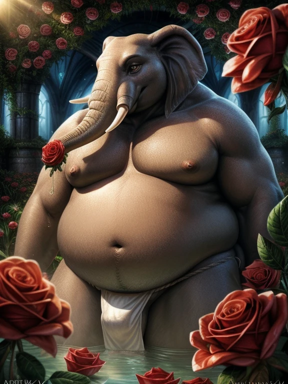 (Obese, Overweight male, anthro, elephant), beautiful black, nude, fundoshi, hyper realistic. ((roses, dew)), digital art, bright, beautiful, splashes, sparkling, filigree, rim lighting, light, extremely, magical, surreal, fantasy, digital art, Greg Rutkowski, complex artistic masterpiece, sinister, matte painting, golden ratio, intricate, epic, very detailed, vivid, 8K, HDR, global lighting with ray tracing, beautiful castle mystical enchanted forests