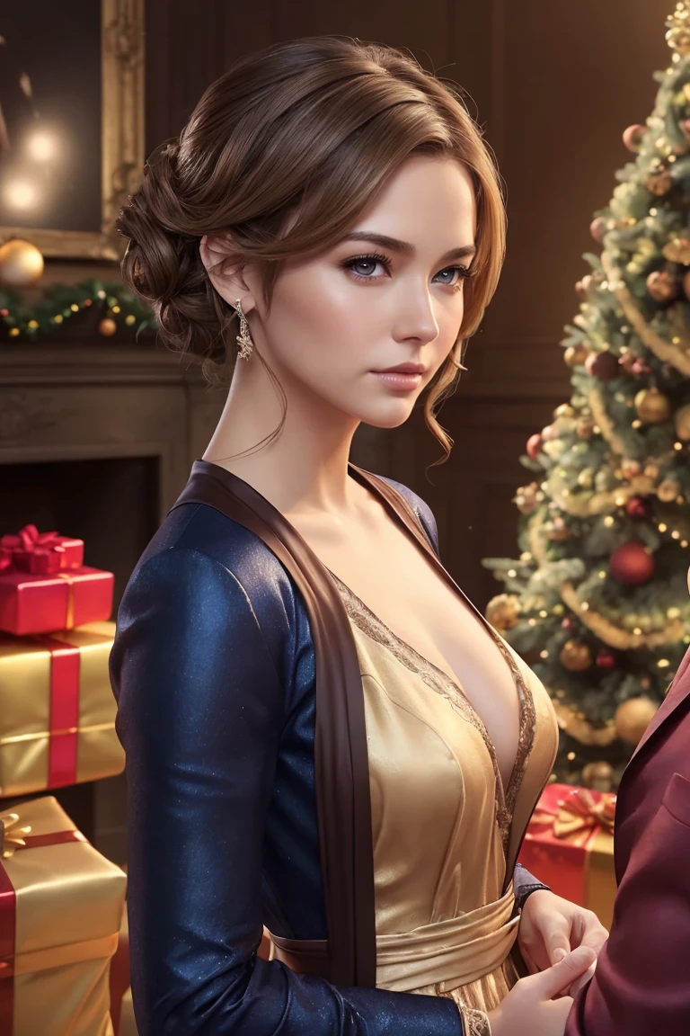 Natalie Portman, beautiful face, brunette hair, ((open maroon velvet robe)), naked, partially nude, perfect breasts, cleavage, sexy pose, smile, Hogwarts castle bedroom