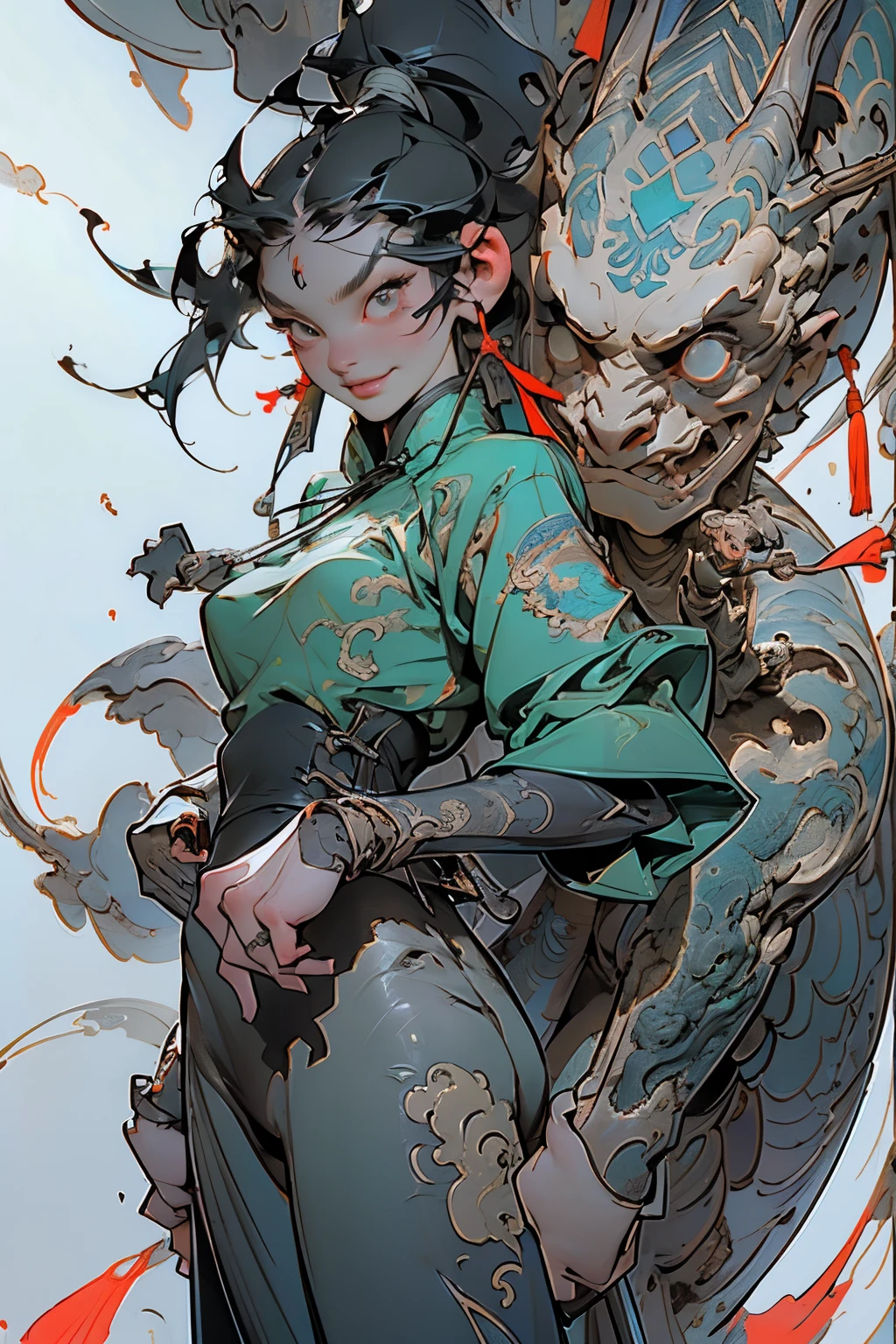 01_Green wooden dragon. Chinese style. Sculpture. A wooden sculpture, next to a cool girl in a leather corset, long dark hair, high black leather jackboots, black gloves on her hands, and metal spikes on her shoulders. Rock star, super beauty against the background of a sculpture made of wood, a green dragon - in the Chinese style., 02_ Highly detailed textures, the highest quality (Girl with white skin, in black boots with spikes and a corset (cool-sexy). Side lighting, warm light, cold shadows. Chiaroscuro, contrasting shapes, volume, and depth of the image. Slight blur in the background Dust squeaks underfoot, an old wooden sculpture, and soft lighting., 03_Highest quality, cinematic rendering. The epic setting, Chinese-style sculpture, and one character - a girl. Contrast lighting, warm light, soft - deep cold shadows. Ocher, seppia, cold lateral reflex. (Dark leather, metal, and several colors decorate the composition). The highest 3D rendering, cinema, animation, masterpiece. Unrea, black hair, french braid, crossed bangs, long hair, ponytail, smile, open mouth, Surrealism, Color Field painting, chiaroscuro, depth of field, cinematic lighting, drop shadow, UHD, retina, masterpiece, anatomically correct, textured skin, super detail, high details, high quality, award winning, highres, 16k
