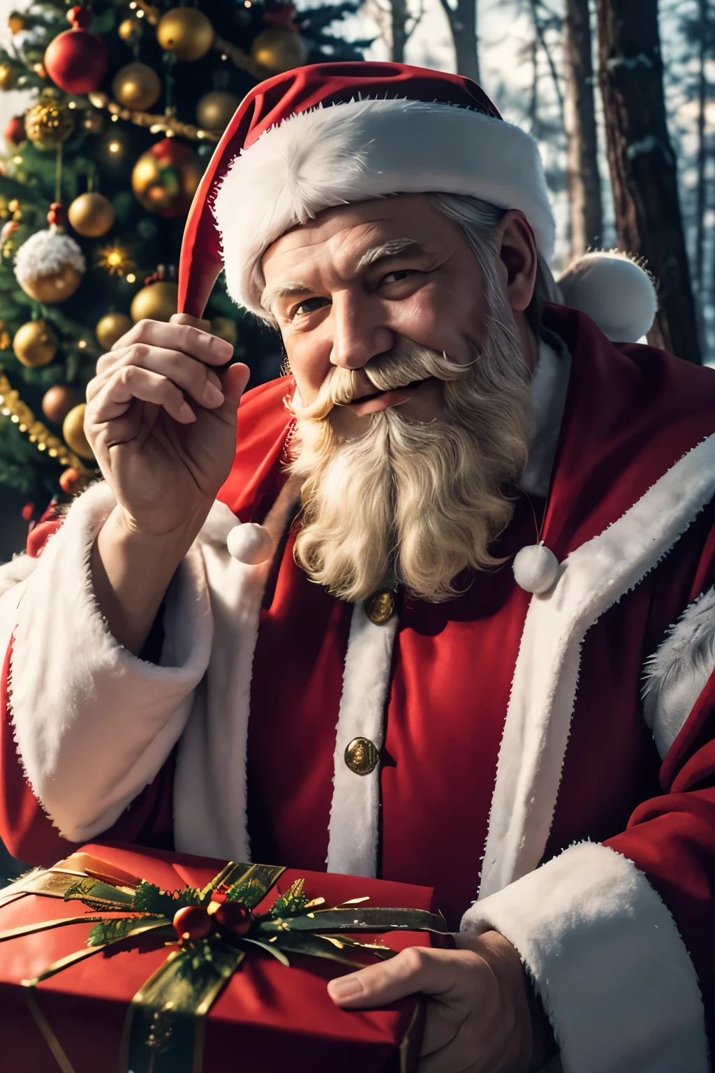 portrait of a happy Russian Santa Claus, surrounded by a fabulous forest, Christmas tree, preparing gifts for the holiday:: soft warm light, fabulous atmosphere, detailed, complex details, deep focus, wide angle