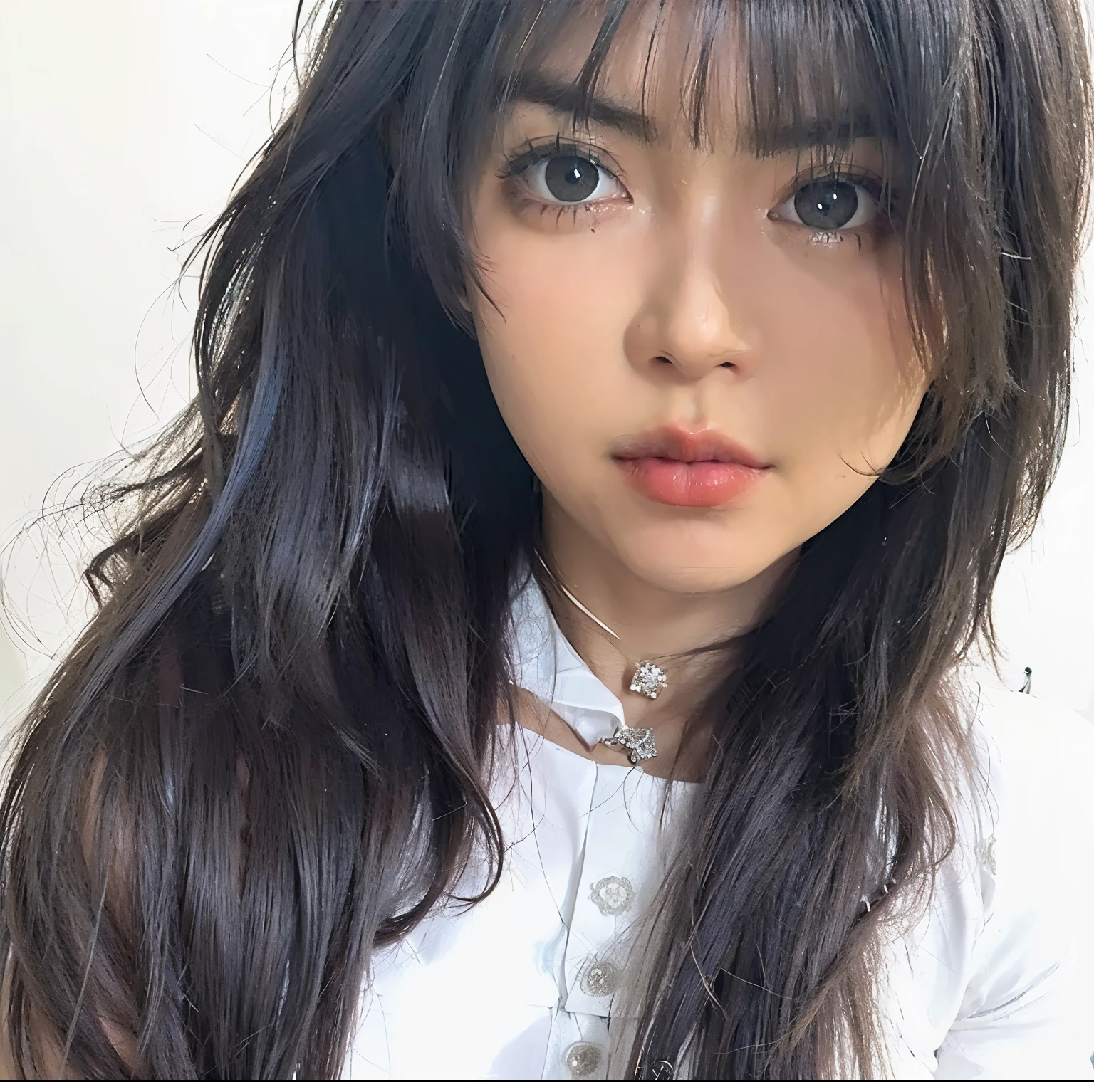 Hay una mujer con cabello largo y negro y una camisa blanca, cabello blackbangs cabello, cabello whitebangs cabello, con el pelo largo, con flequillo, neat hair con flequillo, Cindy Avelino, con flequillo completo, con cabello negro lacio, she has black hair con flequillo, con cabello largo y oscuro, cabello negro y flequillo blanco, con cabello negro, con el pelo corto, cuerpo completo, small breasts